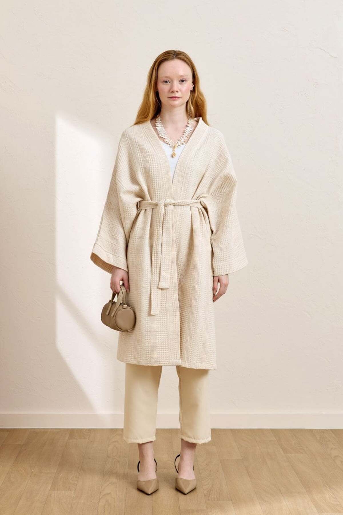 Ceylan Otantik Krem Waffle Uzun Kimono