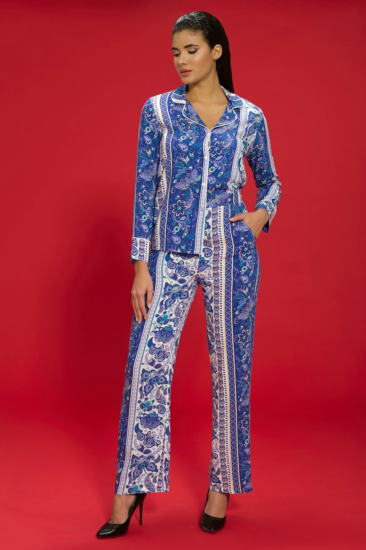 FOR YOU MODA-7-Piece Viscose Blue Pajama Set with Ethnic Pattern Both Inside and Outside 5