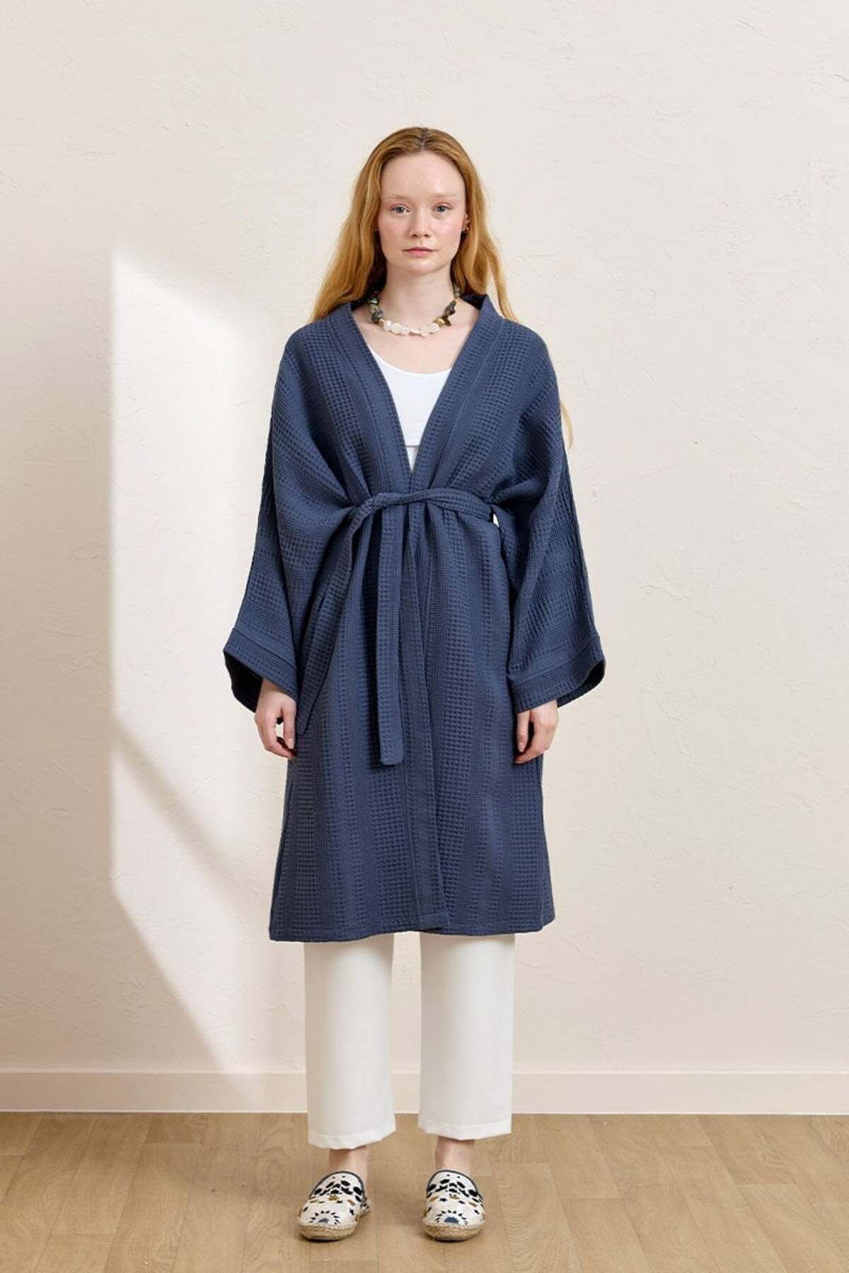 Ceylan Otantik İndigo Waffle Uzun Kimono
