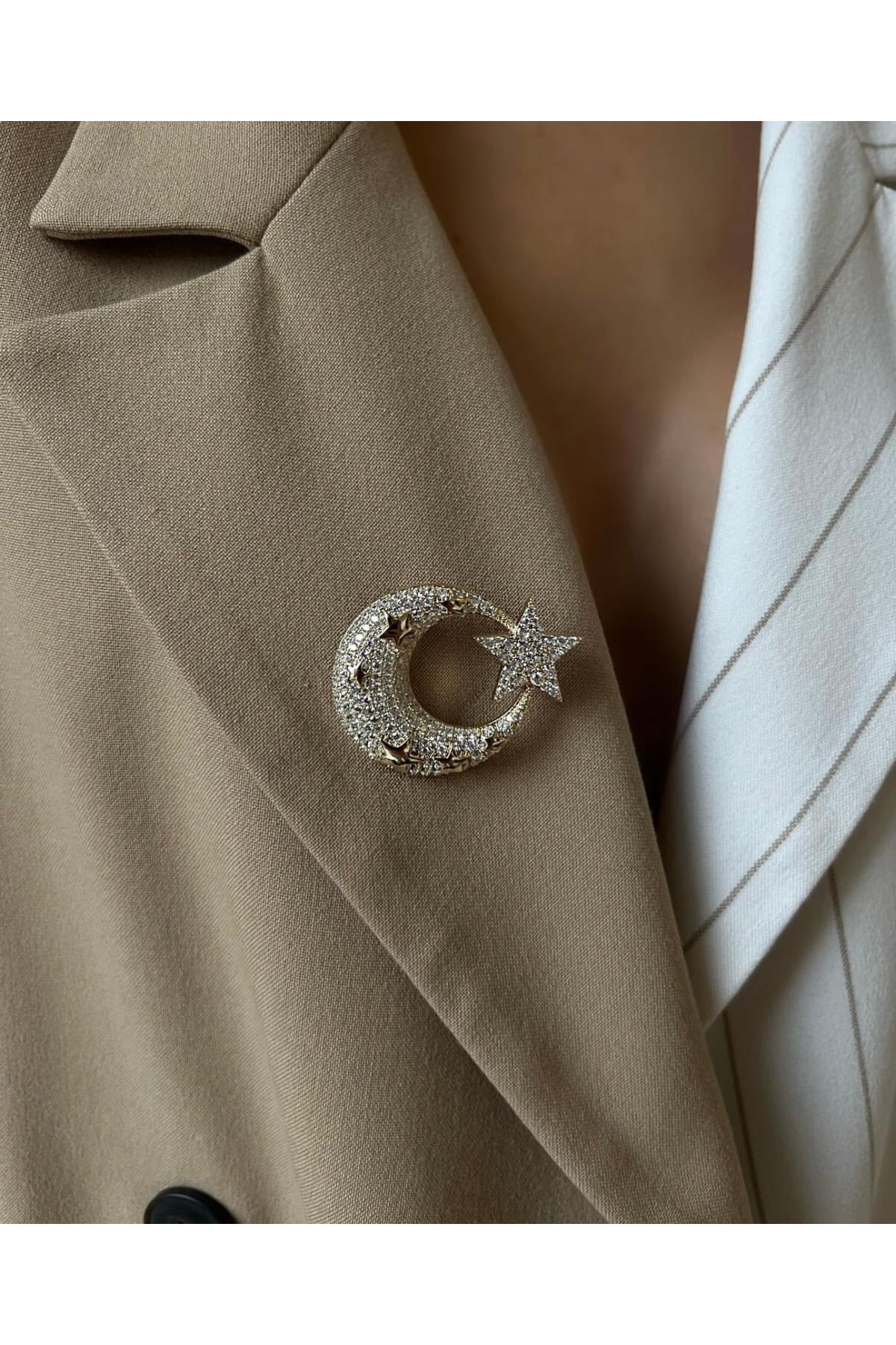 İNN JEWELLERY Kadın Broş 1.SINIF İthal VİP SERİ Ay-Yıldız Figürlü