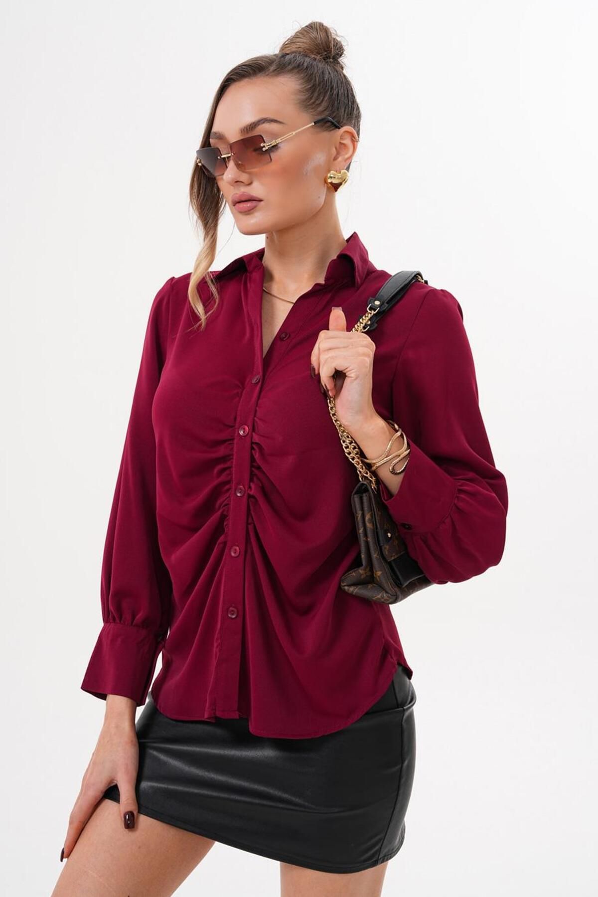 Flame İstanbul Butik Önü Büzgülü Düğmeli Bordo Bluz SRP2011
