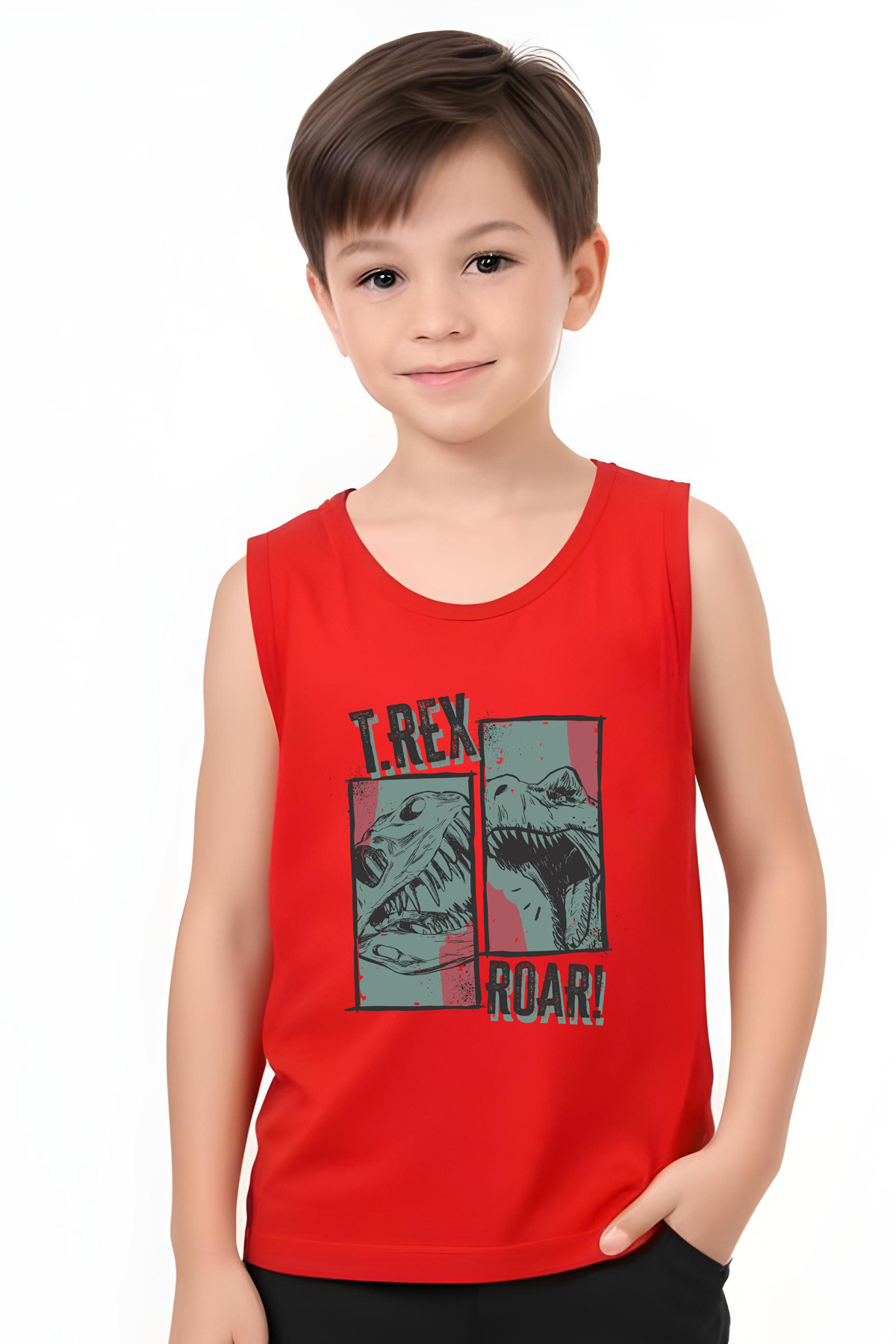 FYK KİDS-Boy's Printed Zero Sleeve Trex Roar Top-Bottom Suit 2