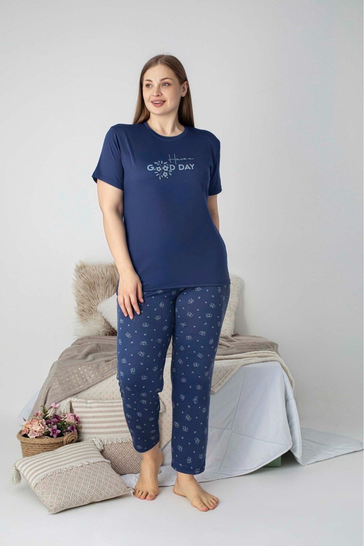 bie's Kadın Bisiklet Yaka Düğmesiz Battal Kesim Viskon Yazlık Kısa Kol Büyük Beden Pijama Takımı