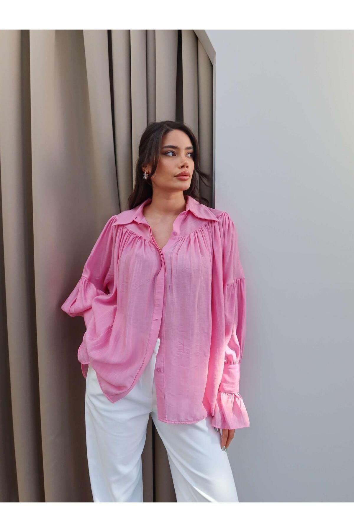 Moda Asrın Fashion Asrın Pembe Büzgülü Gömlek
