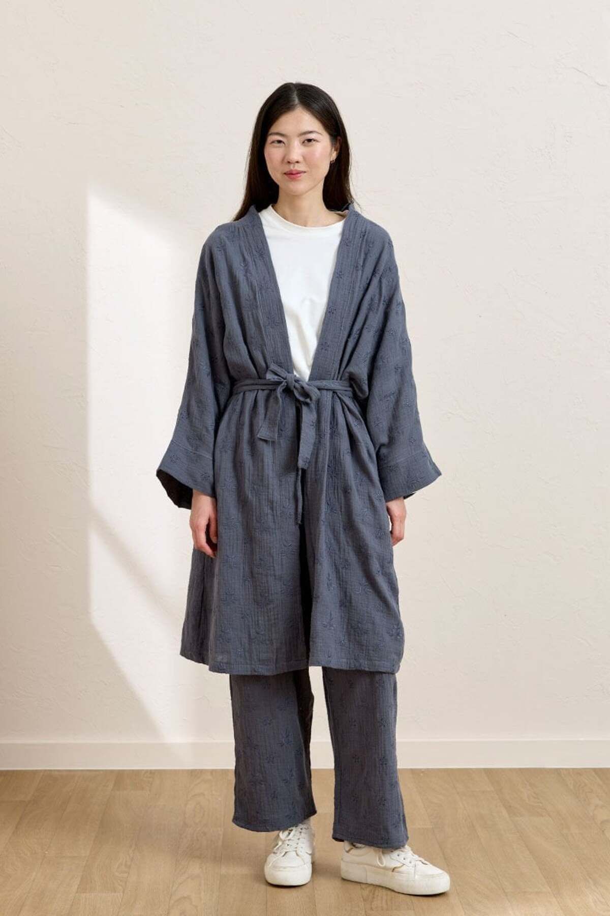Ceylan Otantik İndigo Fistolu Müslin Uzun Kimono