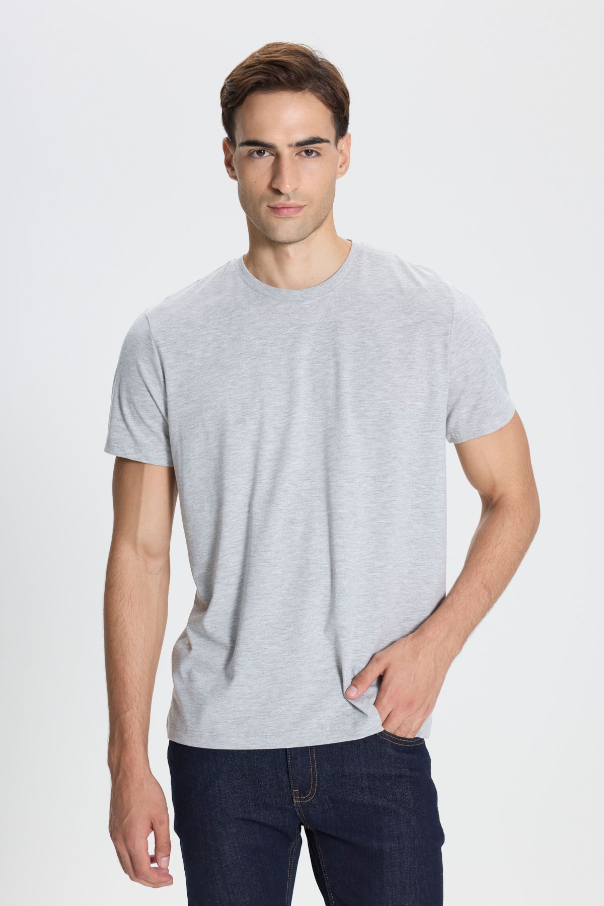 AC&Co / Altınyıldız Classics Pamuklu Slim Fit Dar Kesim Bisiklet Yaka Gri Melanj Tişört