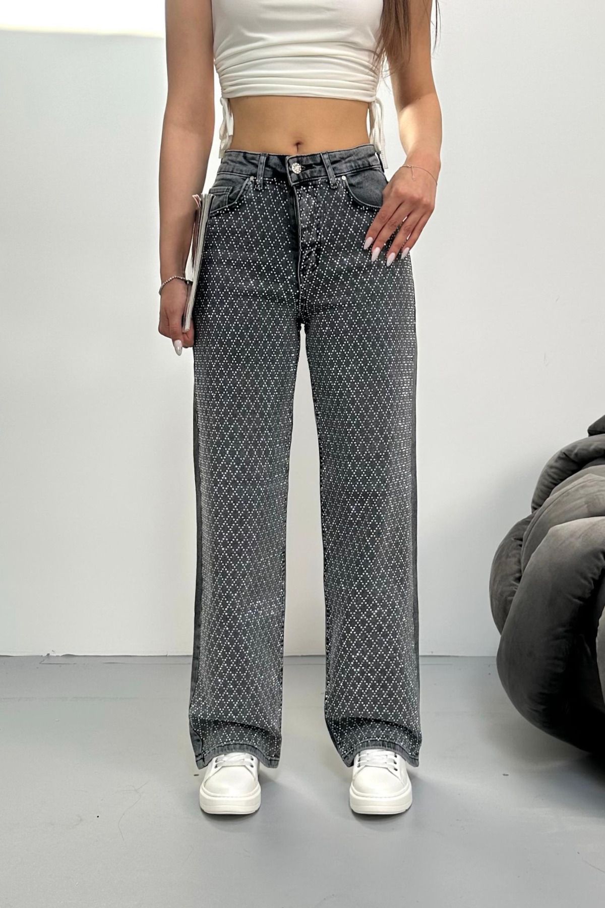 BİKELİFE Kadın Füme Yüksek Bel Mini Baklava Taşlı Likralı Straight Jean