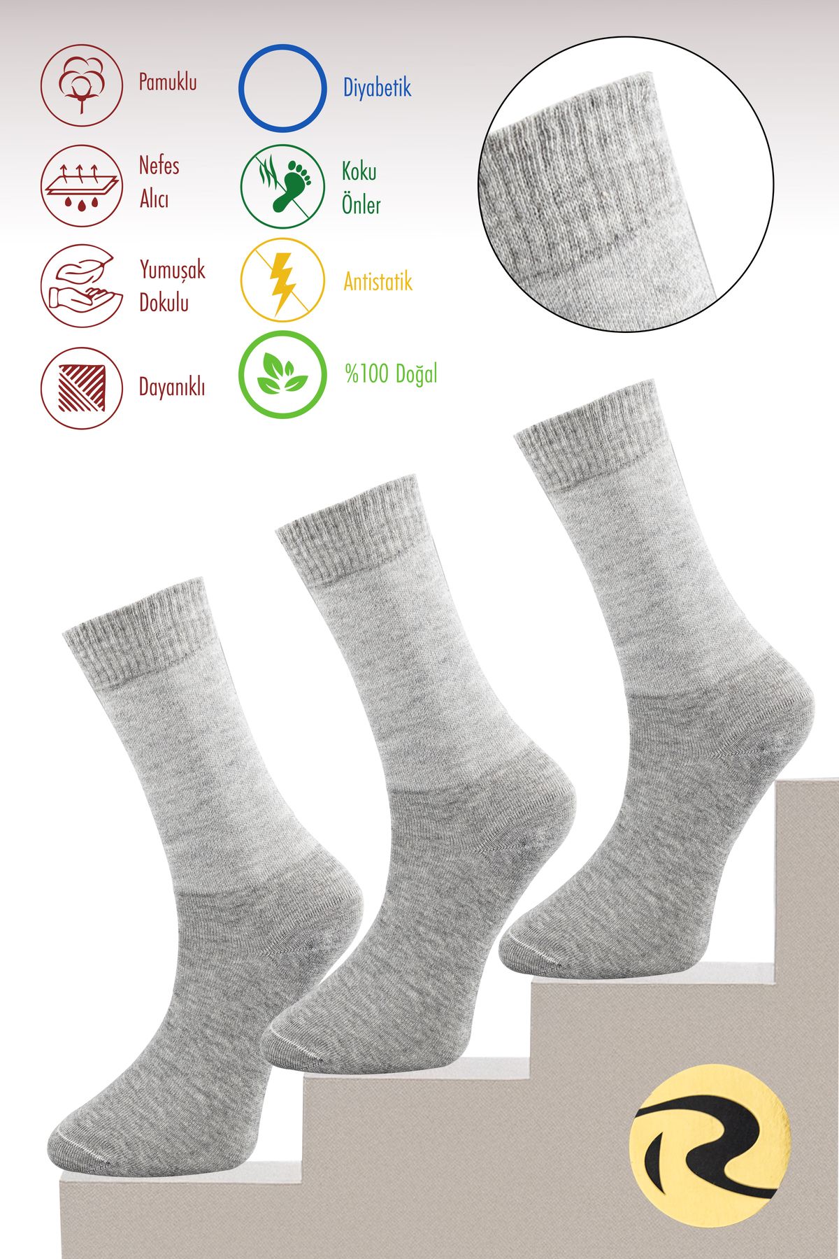 Roff Pamuk Kadın Diyabetik Gri Soket Dikişsiz Premium Çorap 3'lü Paket / İz Bırakmaz / Sıkmayan Çorap