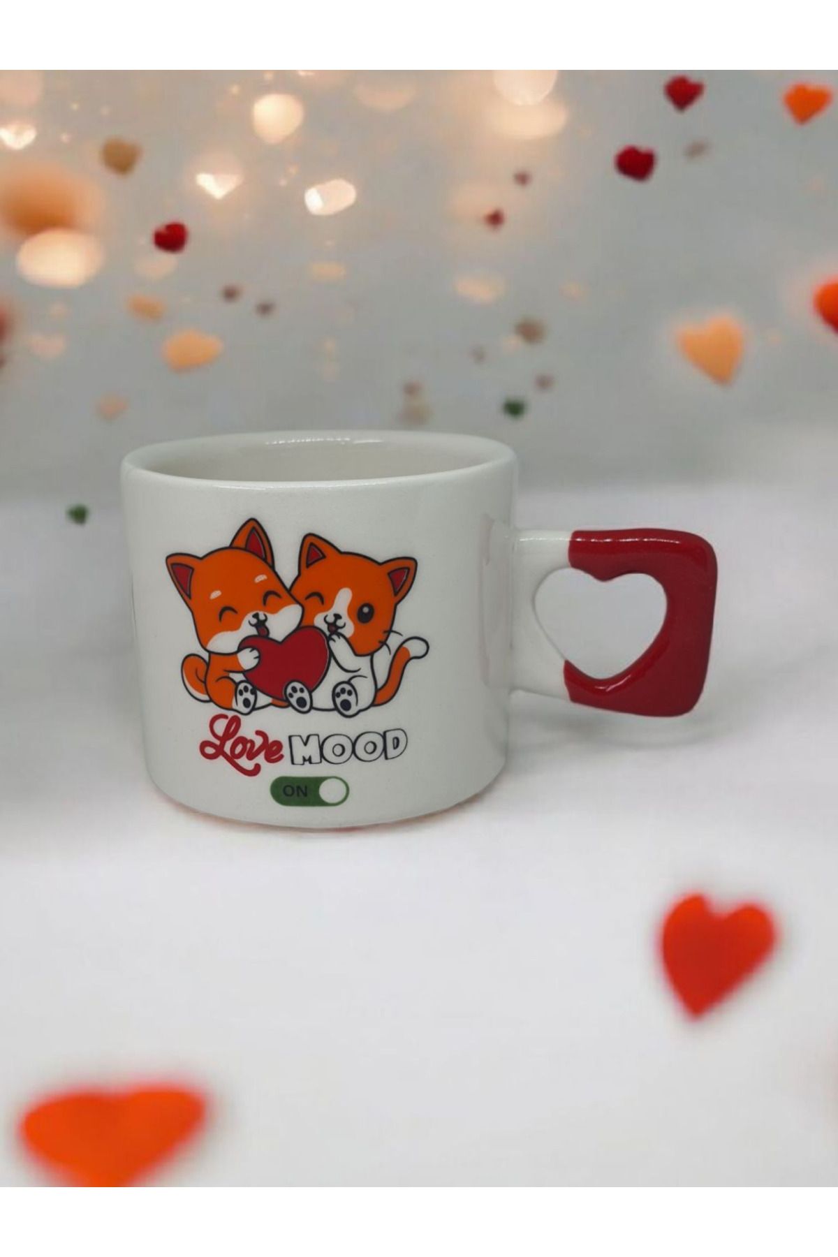 Simge Seramik Love Mood Çift Taraf Baskılı Kalp Kulplu El Yapımı Doğal Seramik Mug Kupa Fincan