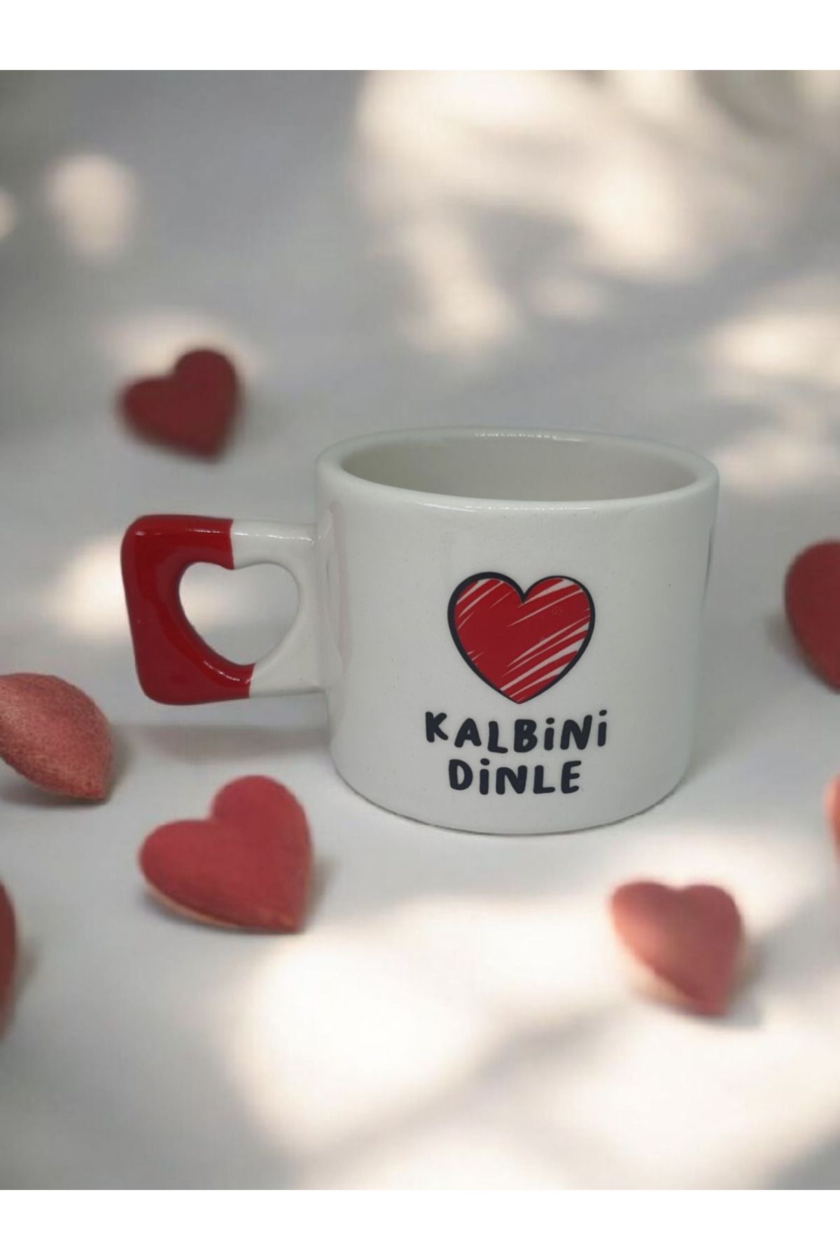 Simge Seramik Kalbini Dinle Çift Taraf Yazılı Kalp Kulplu El Yapımı Doğal Seramik Mug Kupa Fincan