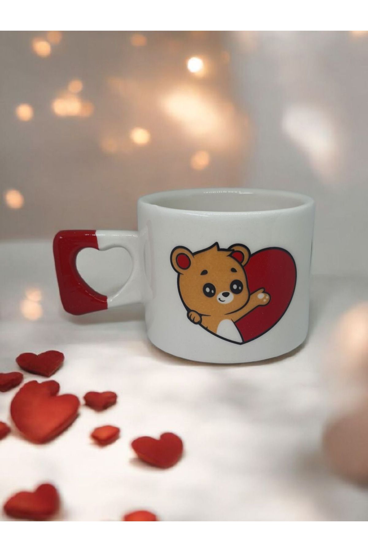 Simge Seramik Sevimli Ayı Çift Taraf Çizimli Kalp Kulplu El Yapımı Doğal Seramik Mug Kupa Fincan