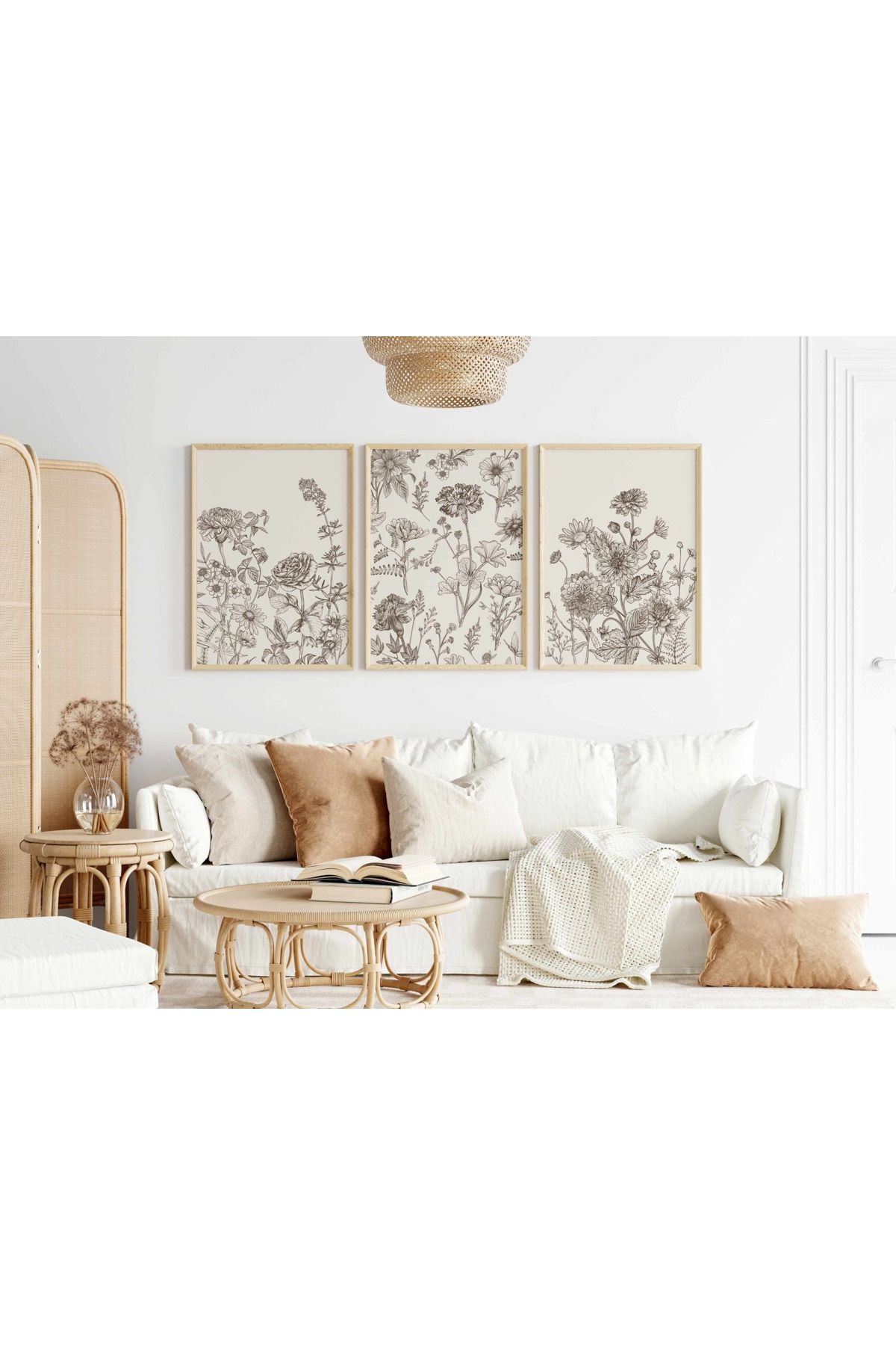 Tuba Decor 3 Parça Ahşap Çerçeve Görünümlü bohem MDF Tablo Seti