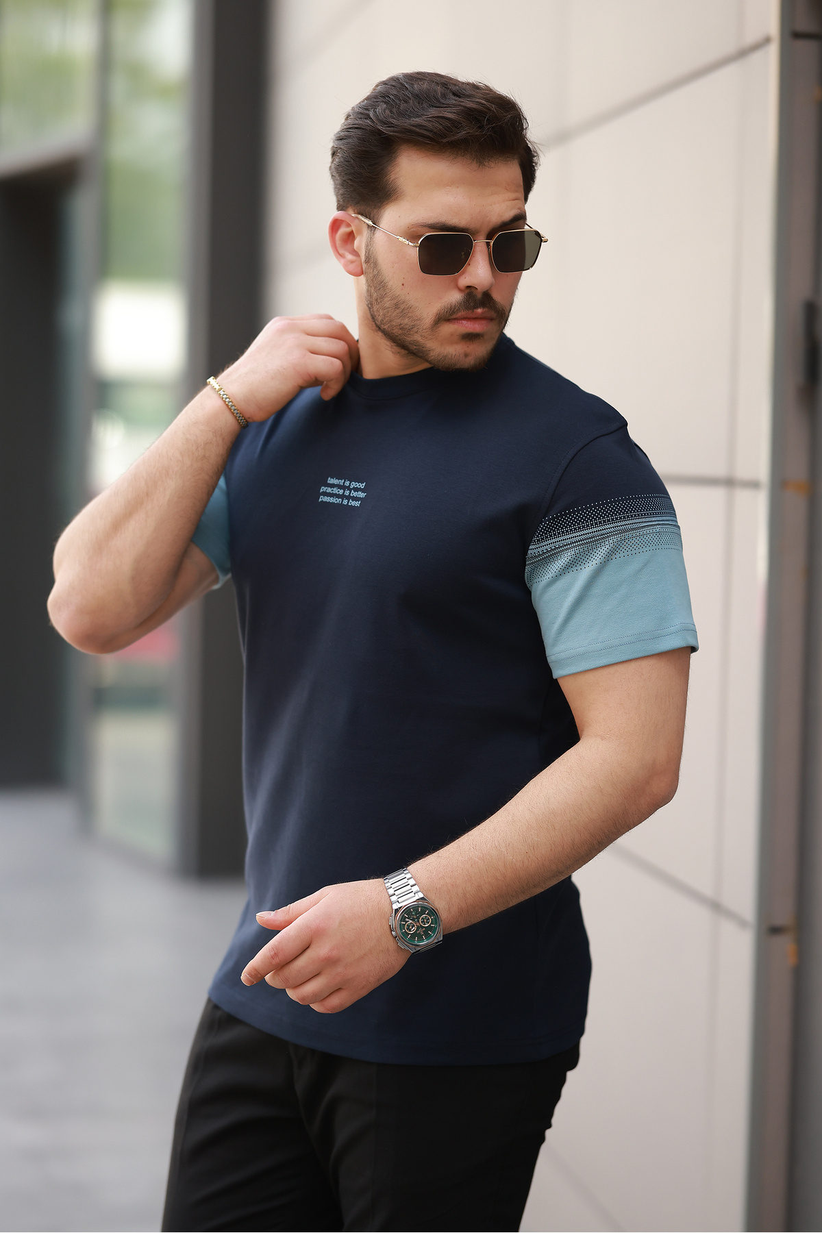 SALTİMORE Lacivert- Mavi Renk Bloklu Slogan Baskılı %100 Pamuk Over Fit Bisiklet Yaka T-shirt
