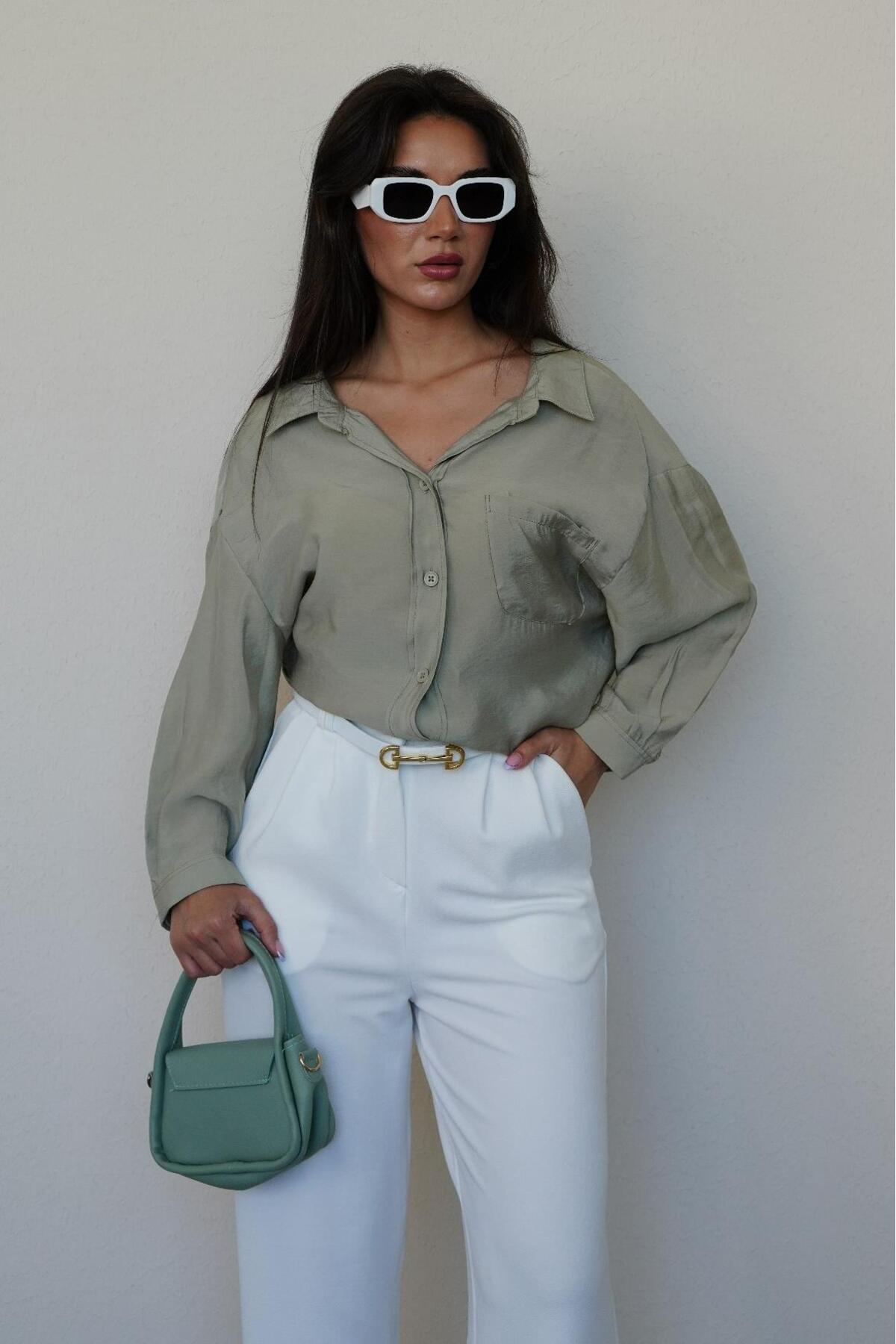 Madmext  Mint Yeşili Cepli Kadın Uzun Kollu Gömlek MG2409 - Görsel 2