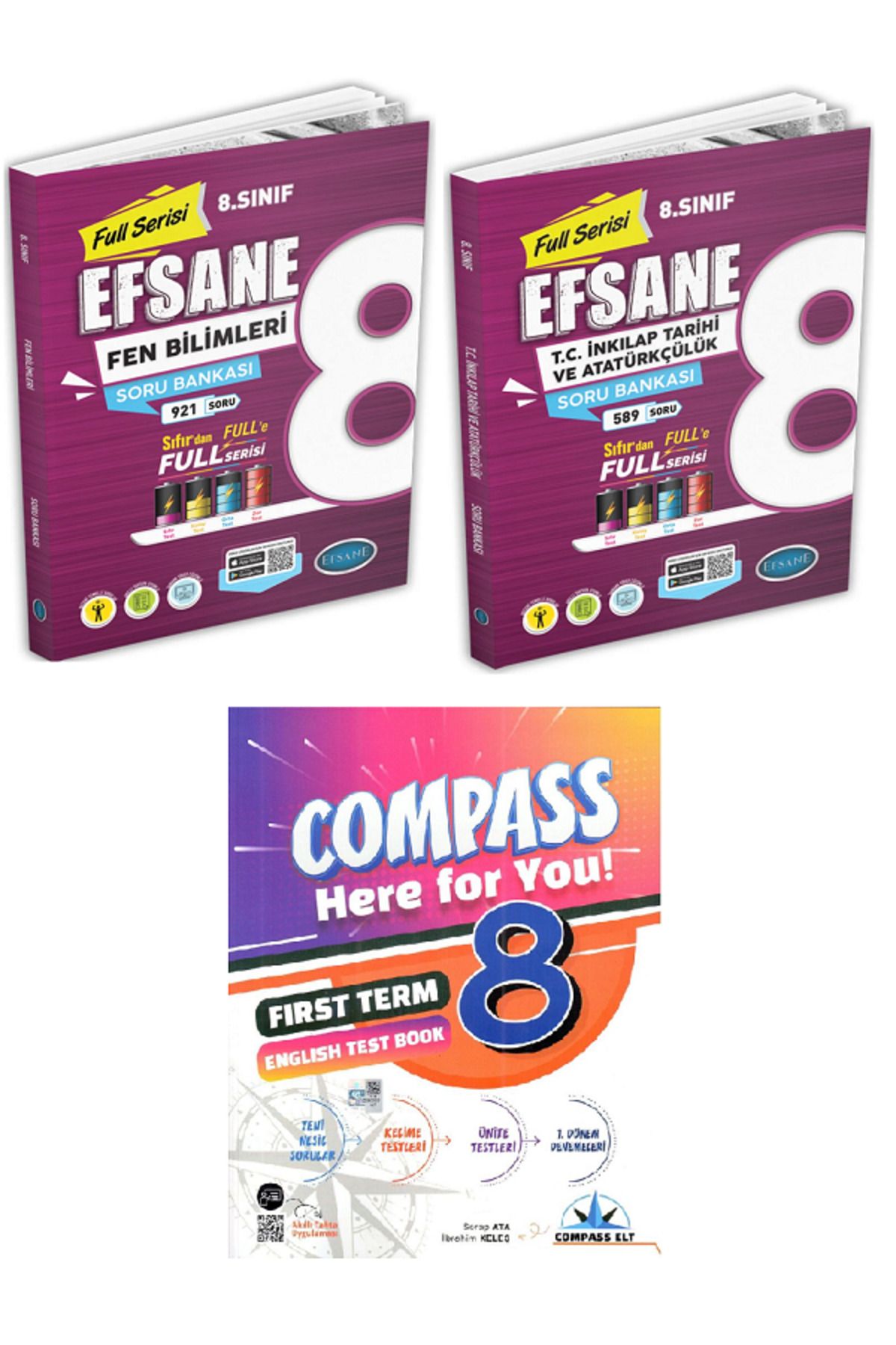 Efsane Yayınları 8.Sınıf Efsane Fen Bilimleri + İnkılap Soru Bankası + 8.Sınıf Compass İngilzice Test Book - 3 KİTAP