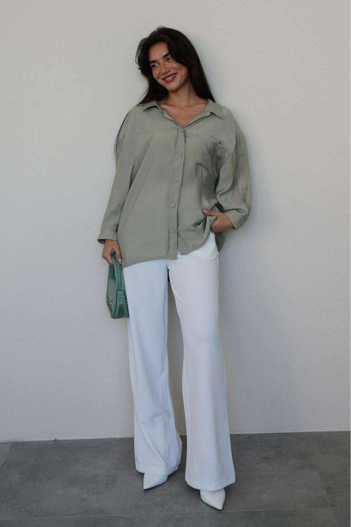 Madmext  Mint Yeşili Cepli Kadın Uzun Kollu Gömlek MG2409 - Görsel 6