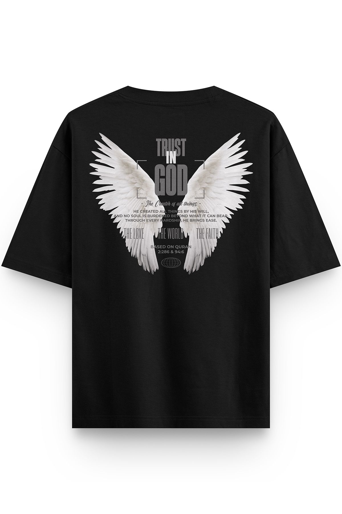 Overoz Siyah Yarı Oversize Tshirt Trust in God Melek Kanadı Angel Baskılı Oversize Tişört 1387