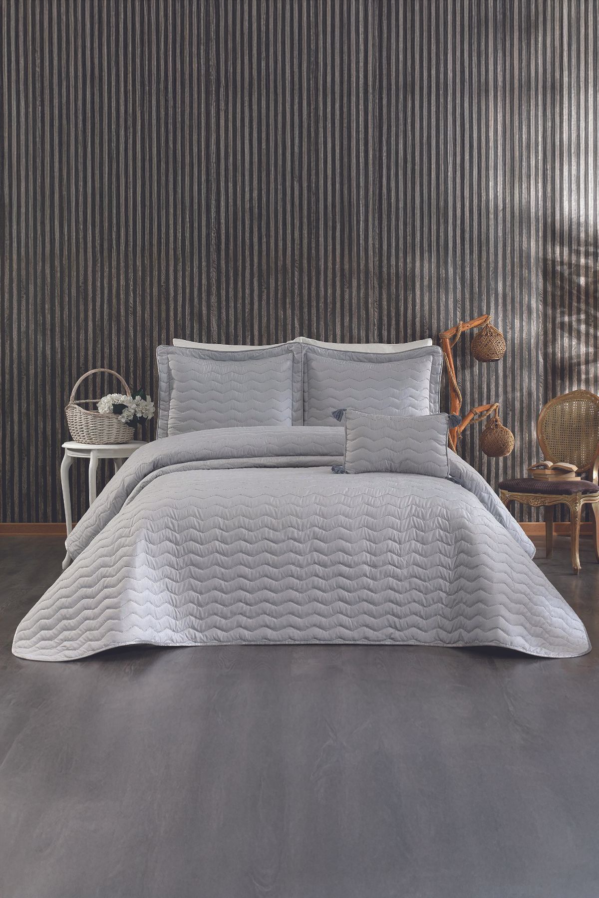 Bonny Home İpeksi Dokulu Gri Modern Ve Sade Çift Kişilik Yatak Örtüsü Takımı