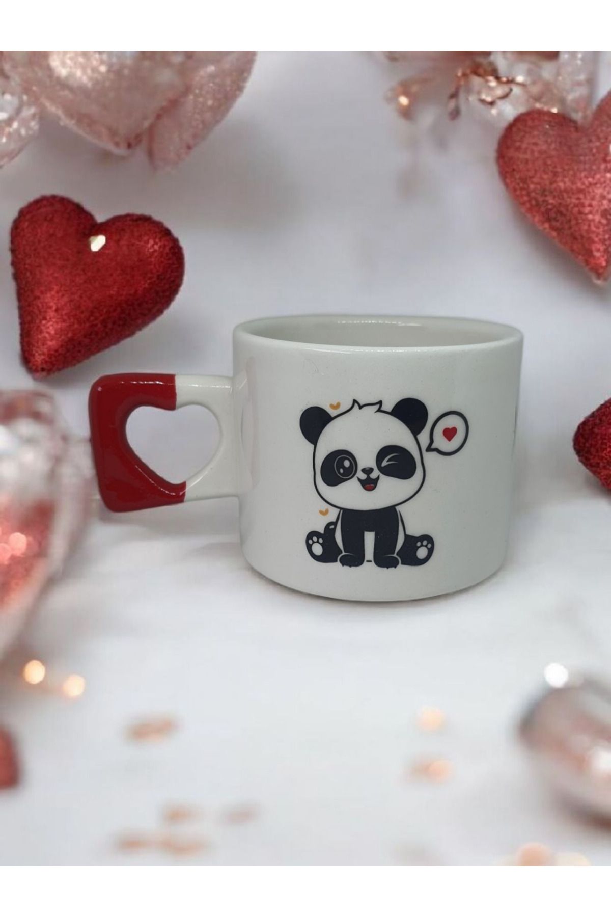 Simge Seramik Sevimli Panda Çift Taraf Çizimli Kalp Kulplu El Yapımı Doğal Seramik Mug Kupa Fincan