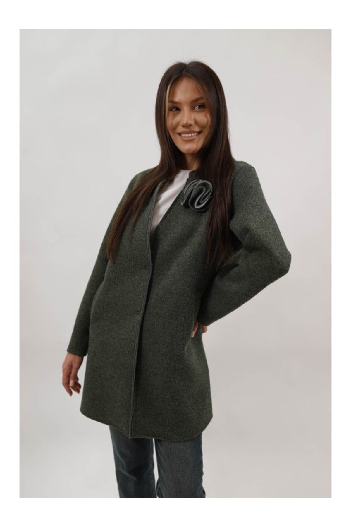 Lamiar-FLOWER MIDI COAT WITH POCKET UNLINED AMADORA BUTTON CLOSURE ONE SIZE WAIST Khaki 2