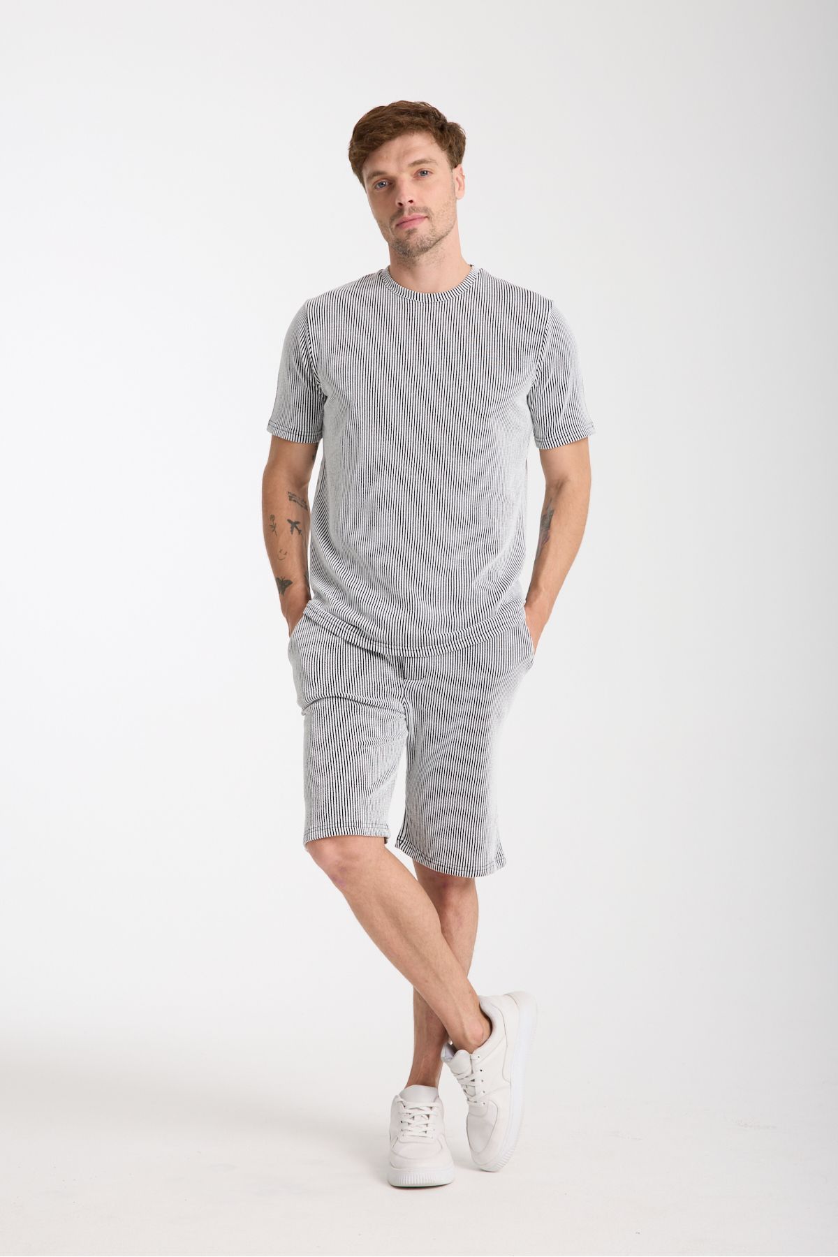 COOL TARZ Erkek Gri Basic Regular Alt Üst Şort Takım