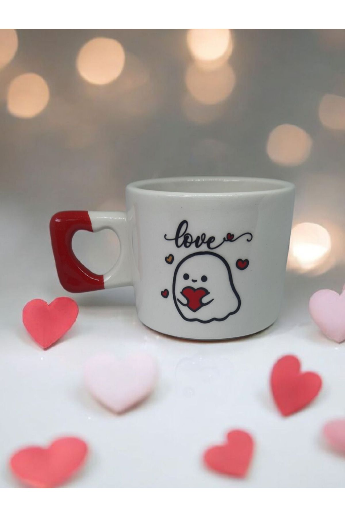 Simge Seramik Love Çift Taraf Çizimli Kalp Kulplu El Yapımı Doğal Seramik Mug Kupa Fincan