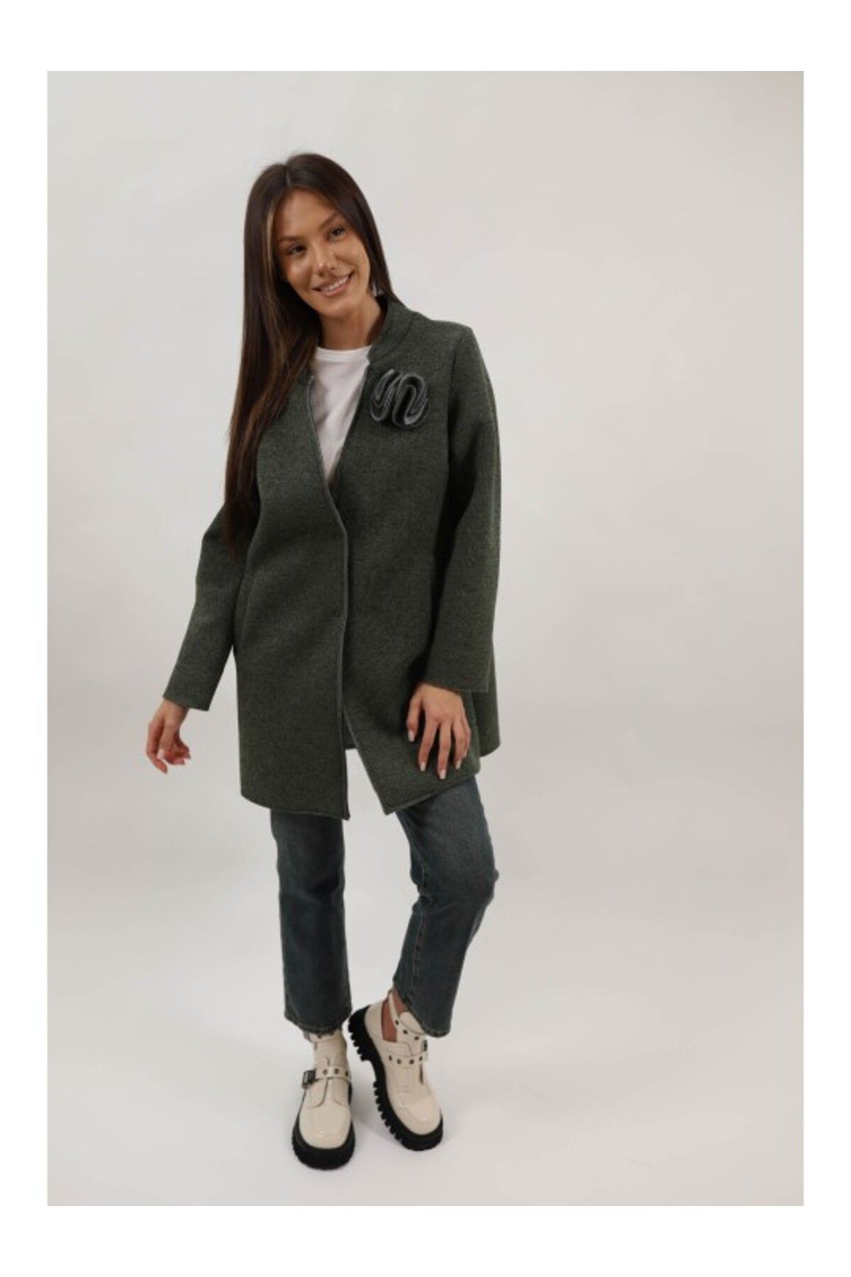 Lamiar-FLOWER MIDI COAT WITH POCKET UNLINED AMADORA BUTTON CLOSURE ONE SIZE WAIST Khaki 3