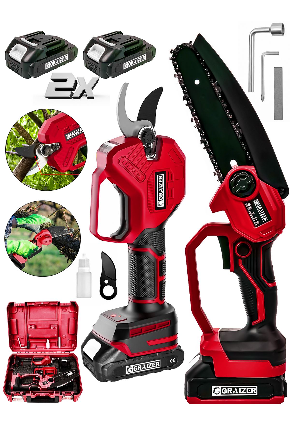 Graizer Powerforge Profesyonel 2'li Set 18v Çift Akülü Bağ Makası Ve Budama Testeresi Makinesi-Kırmızı