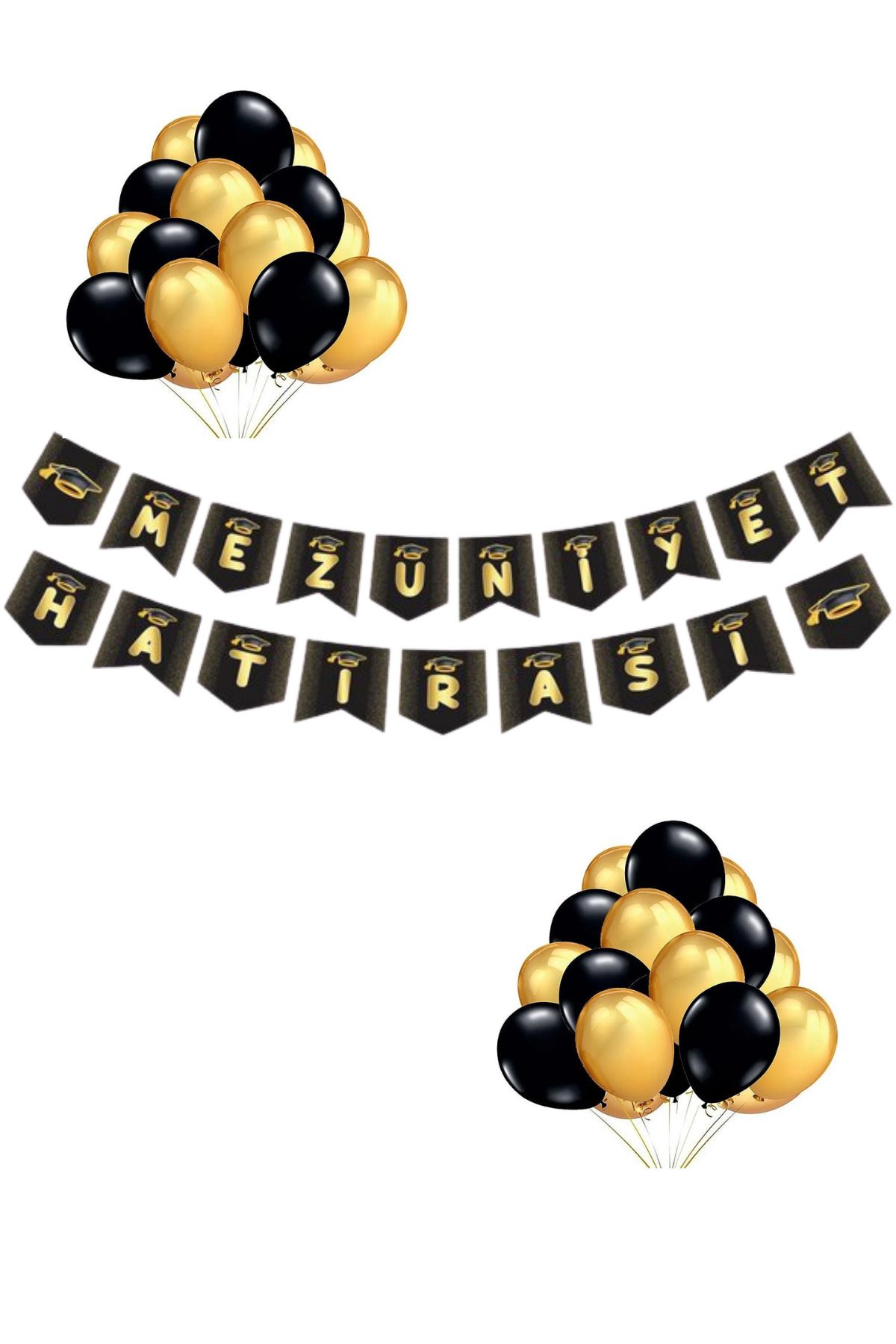 mypartyready Mezuniyet Hatırası Yazılı Banner Siyah Gold Renk Balonlu Süsleme Seti Mezuniyet Partisi Süsleme