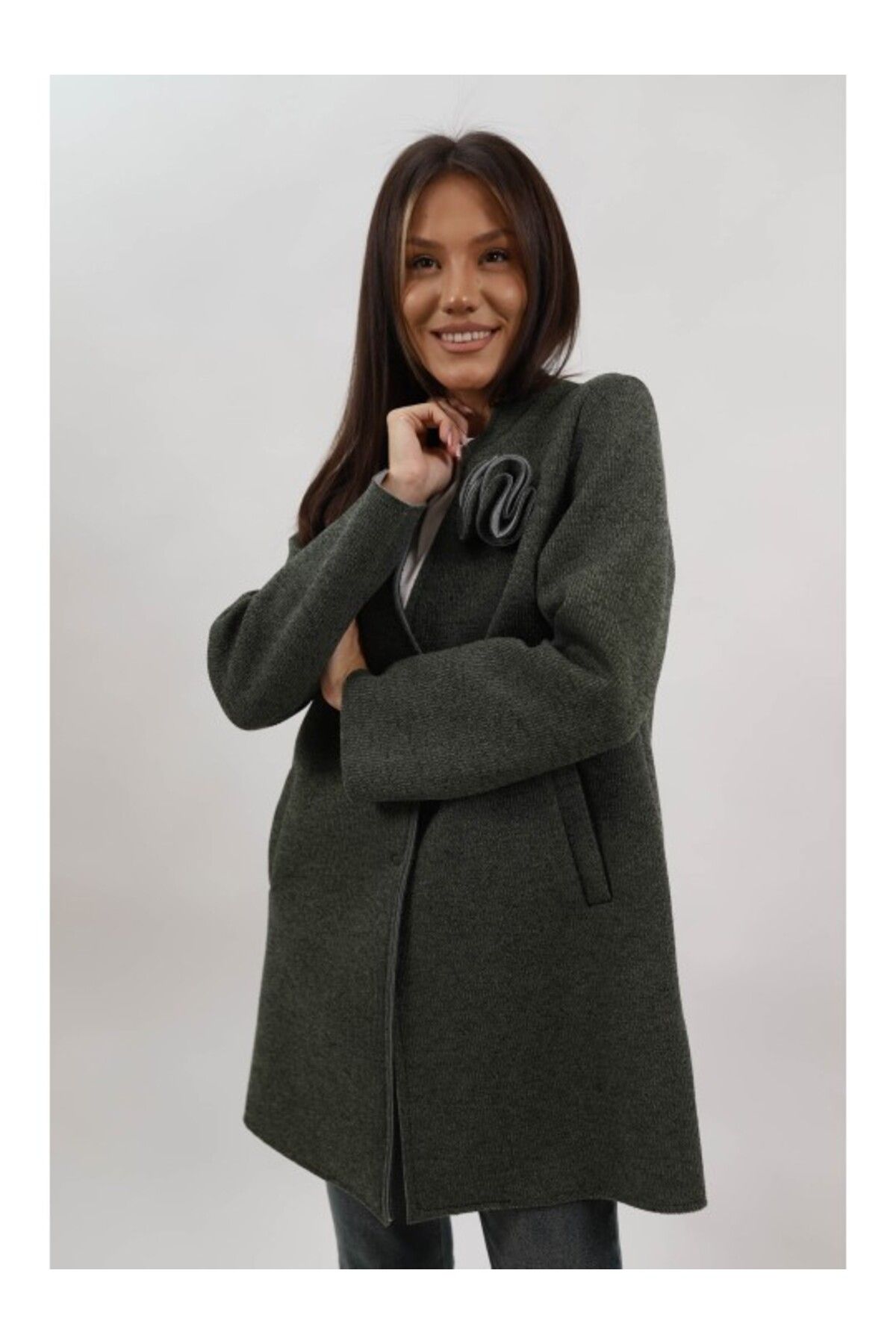 Lamiar-FLOWER MIDI COAT WITH POCKET UNLINED AMADORA BUTTON CLOSURE ONE SIZE WAIST Khaki 4