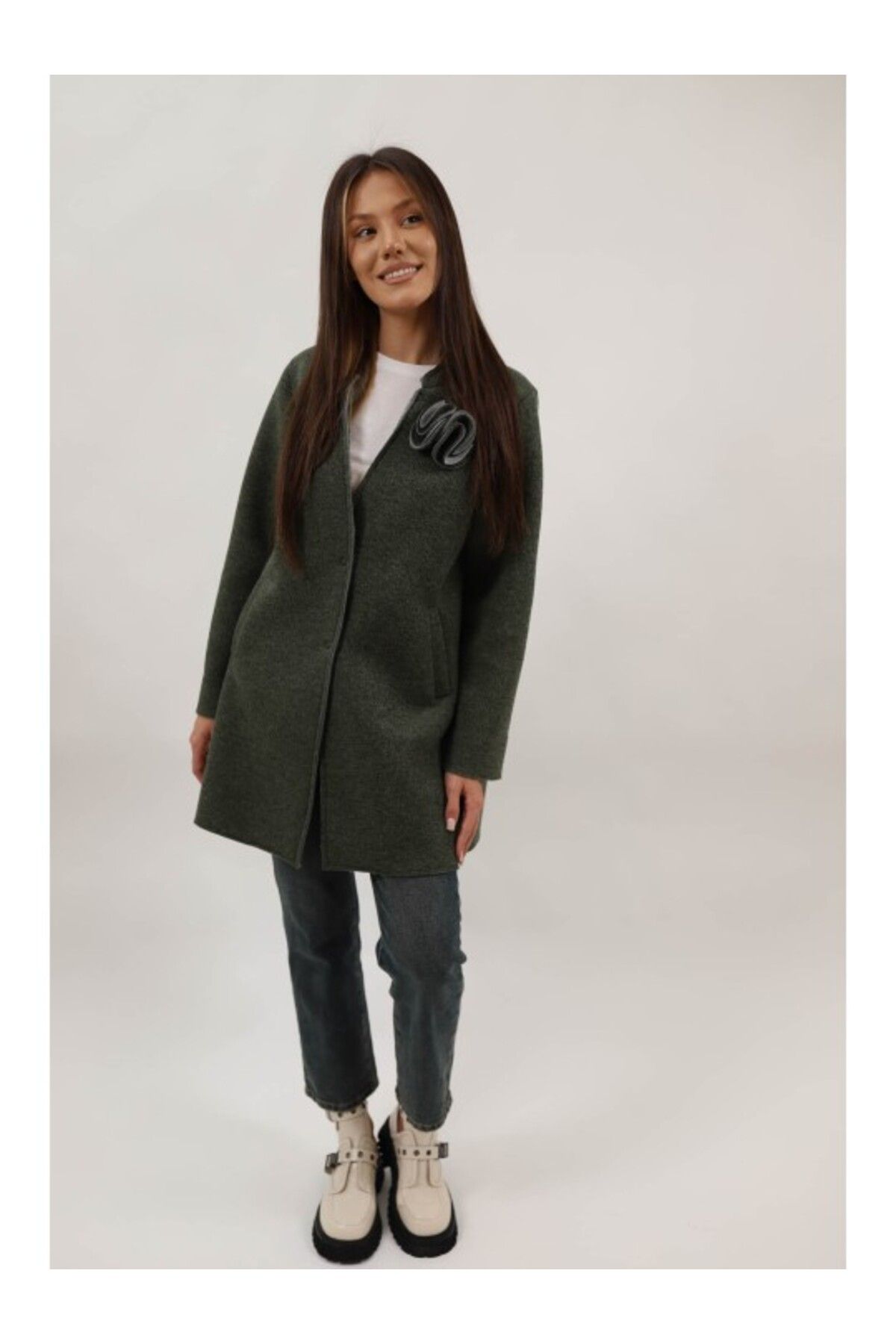 Lamiar-FLOWER MIDI COAT WITH POCKET UNLINED AMADORA BUTTON CLOSURE ONE SIZE WAIST Khaki 1