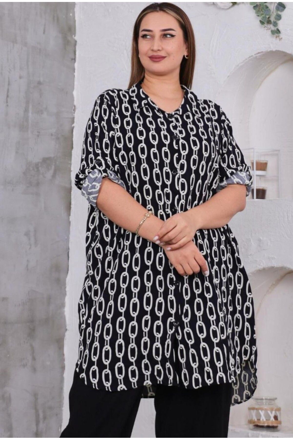 Sevda Kılınç ✨ BÜYÜK BEDEN ZİNCİR DESENLİ DOKUMA VİSKON GÖMLEK ✨