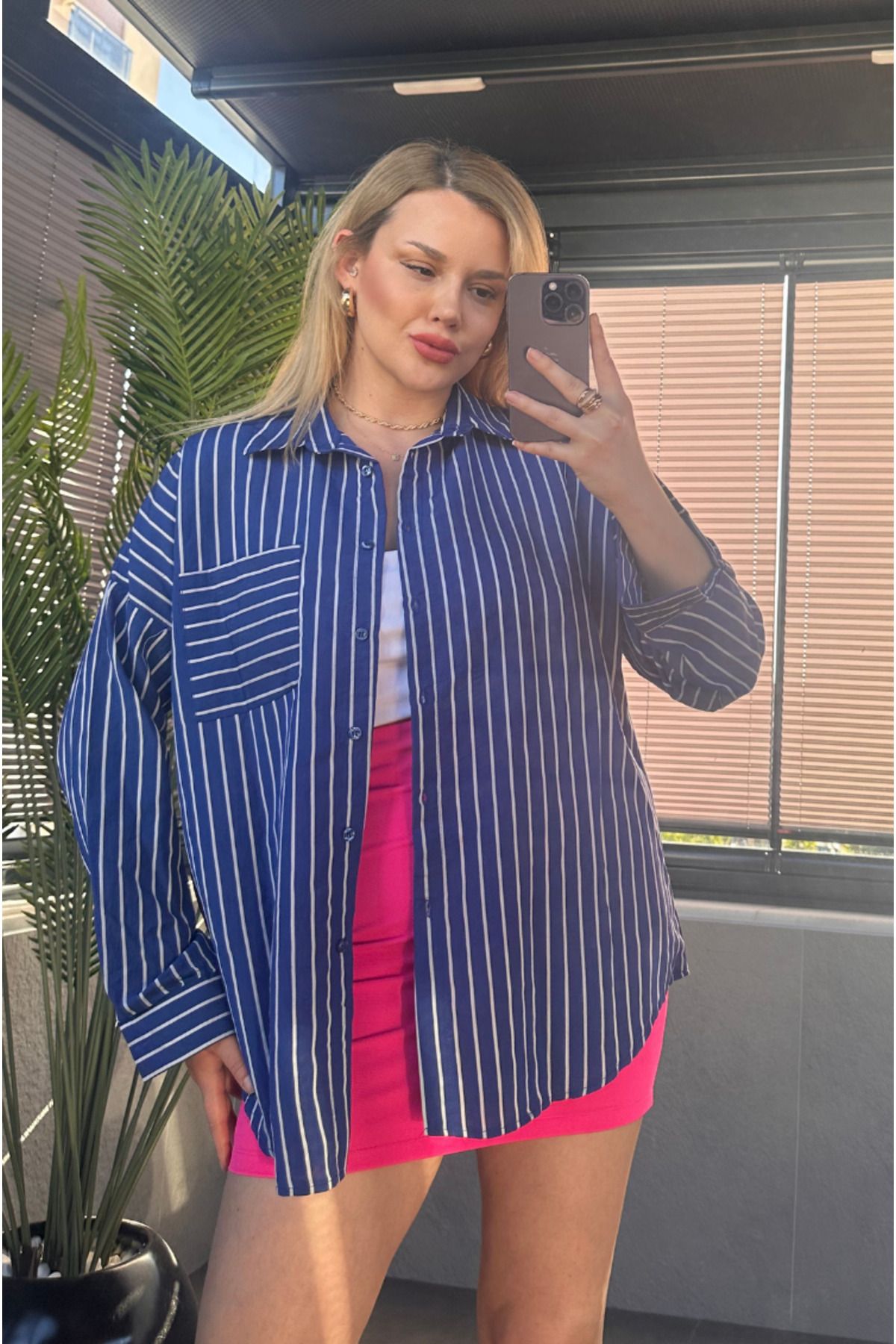 MİR STORE Koyu Mavi Tek Cepli Çizgili Oversize Modal Gömlek