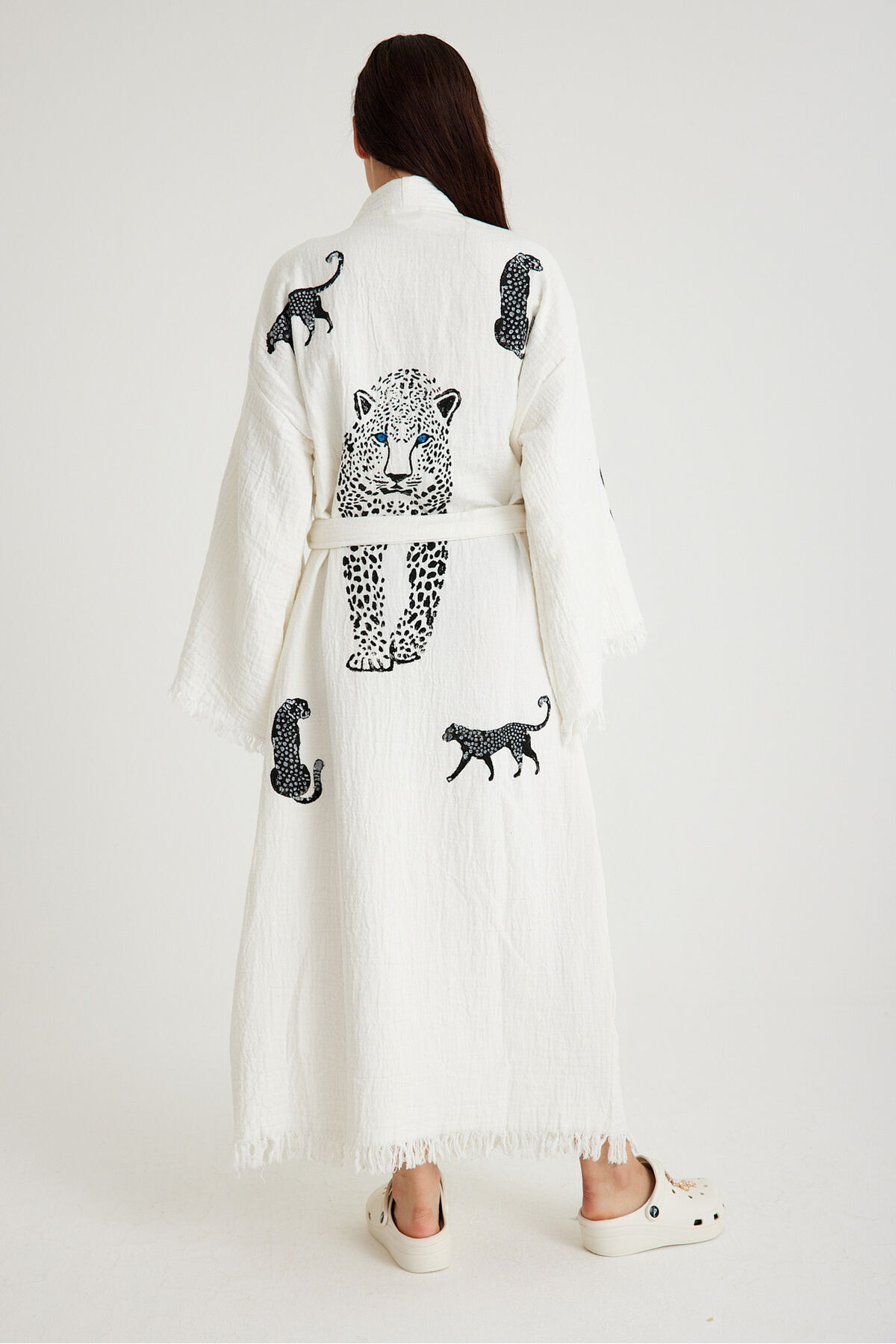 Home ham bamboo üzeri el baskılı kimono kaftan