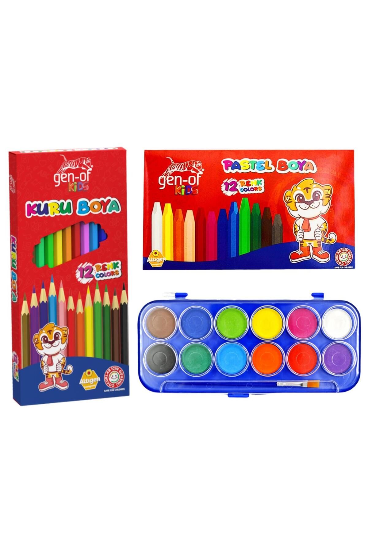 Gen-Of Kids 3’lü Okul Boya Seti – Kuru, Pastel ve Sulu Boya 12 Renk