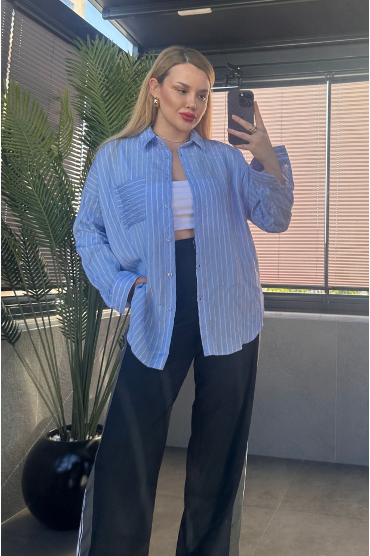 MİR STORE Bebe Mavisi Tek Cepli Çizgili Oversize Modal Gömlek