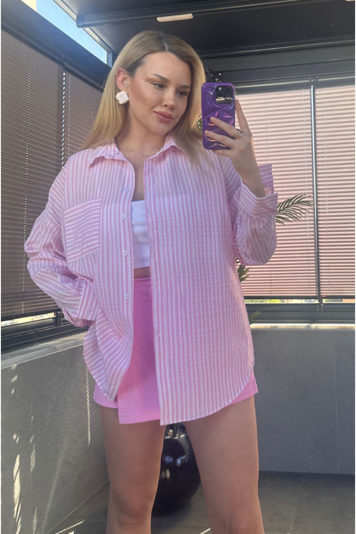 MİR STORE Pembe Tek Cepli Çizgili Oversize Modal Keten Gömlek