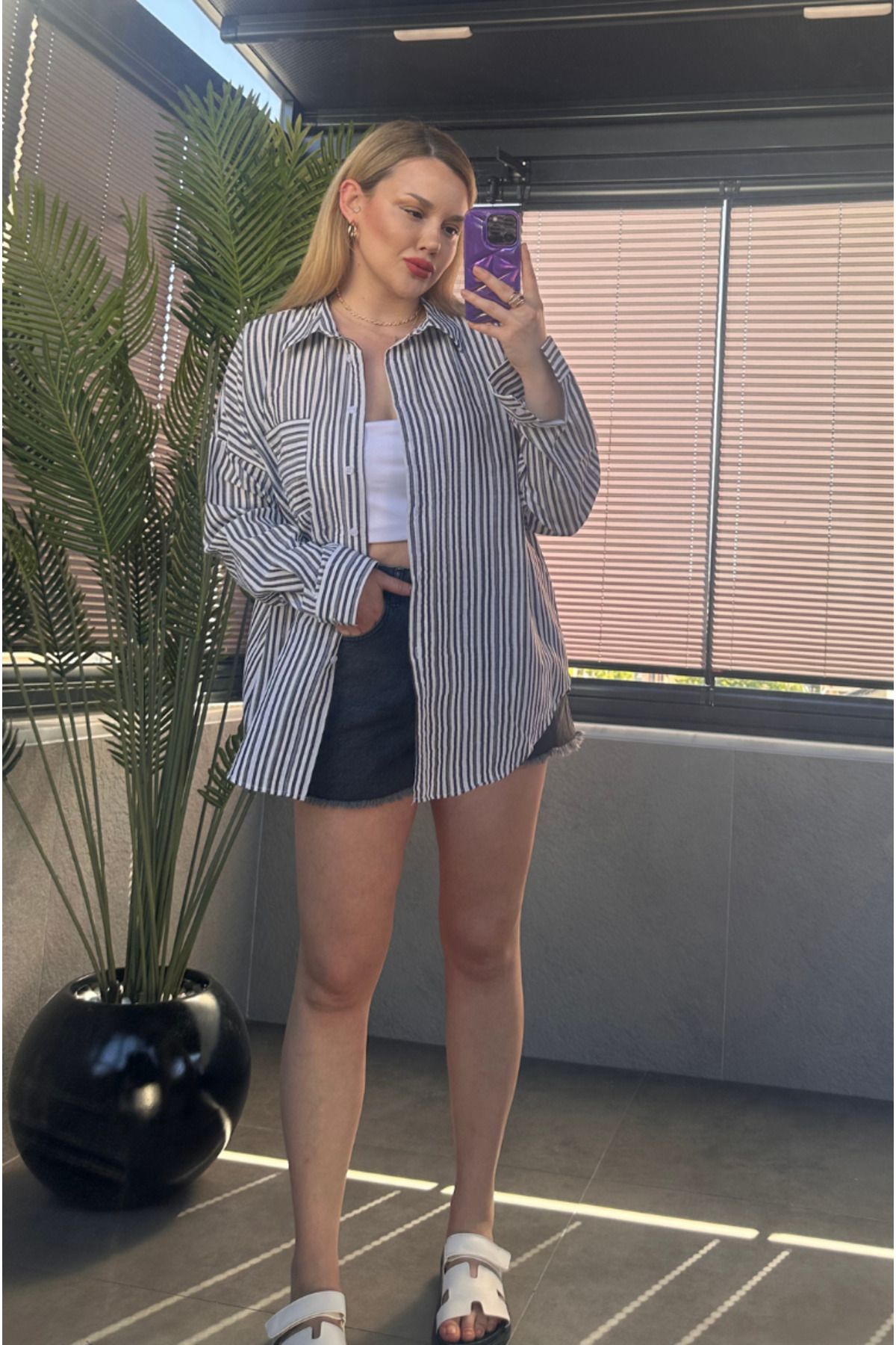 MİR STORE Siyah Tek Cepli Çizgili Oversize Modal Keten Gömlek