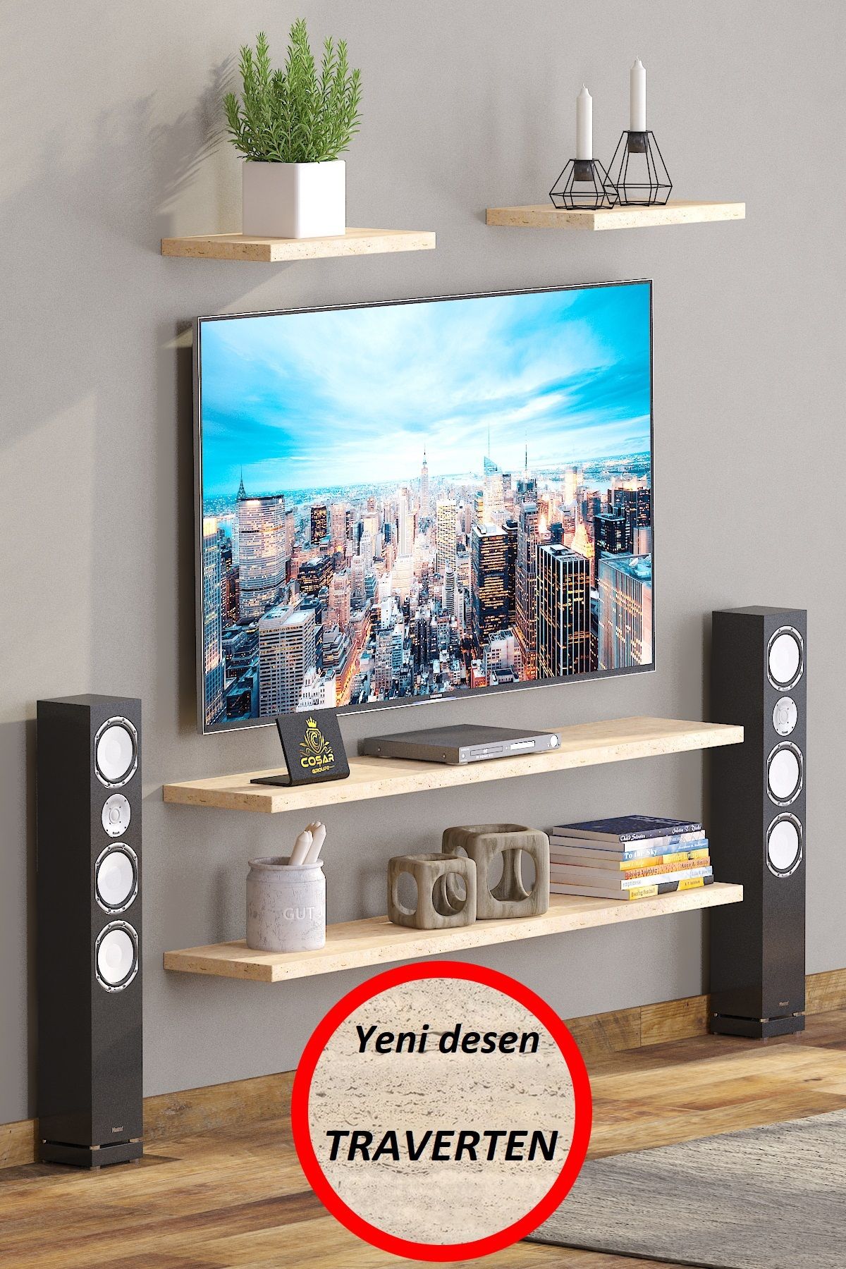 Cosargroup 4lü İskandinav Tarzı Bohem Uçan Duvar Rafı Tv Rafı Salon Dekorasyonu 4'lü Tv Rafı