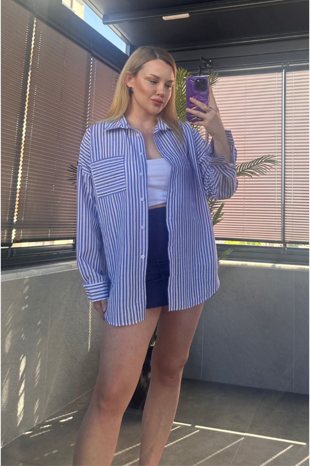 MİR STORE Koyu Mavi Tek Cepli Çizgili Oversize Modal Keten Gömlek