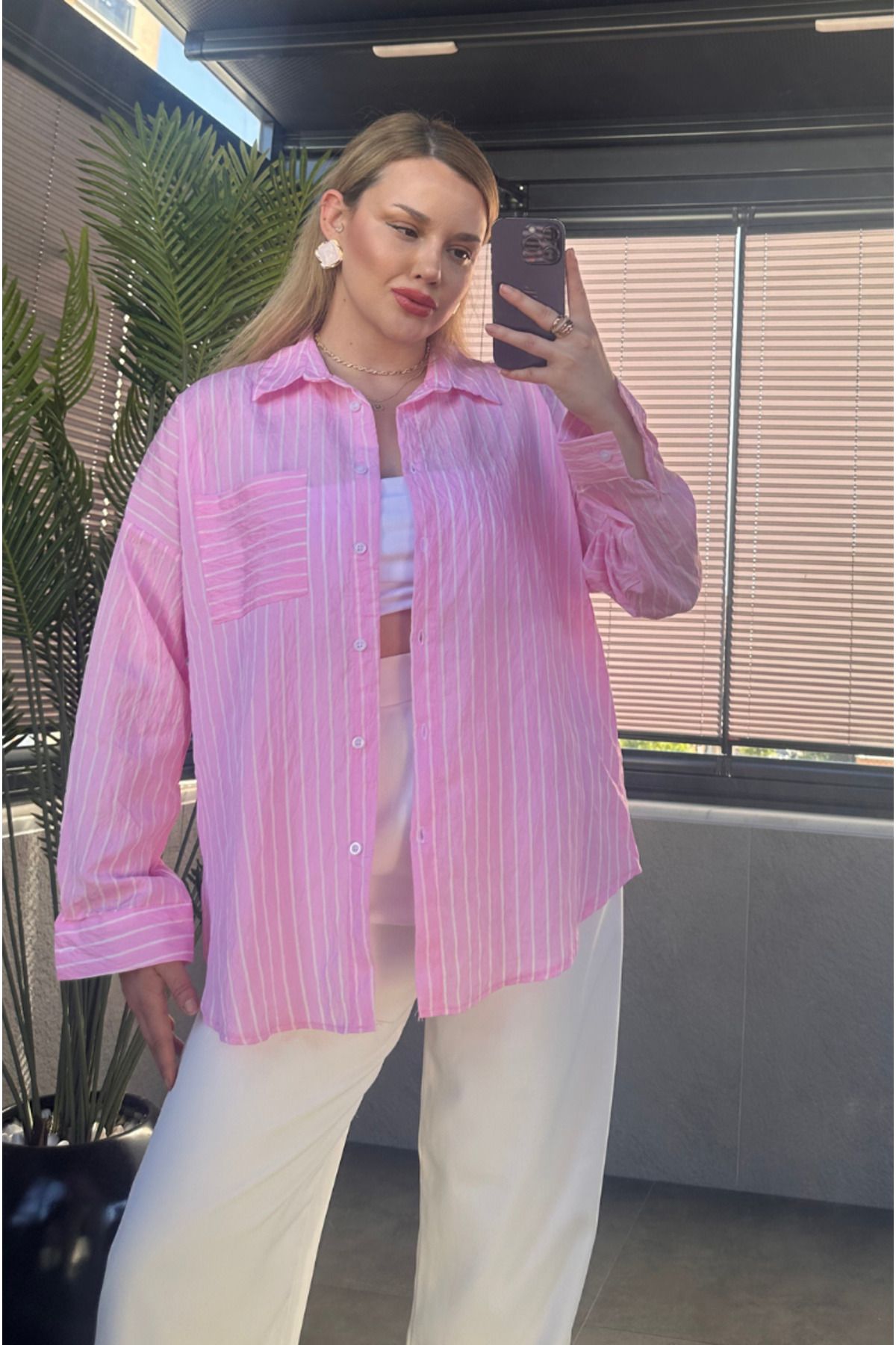 MİR STORE Pembe Tek Cepli Çizgili Oversize Modal Gömlek