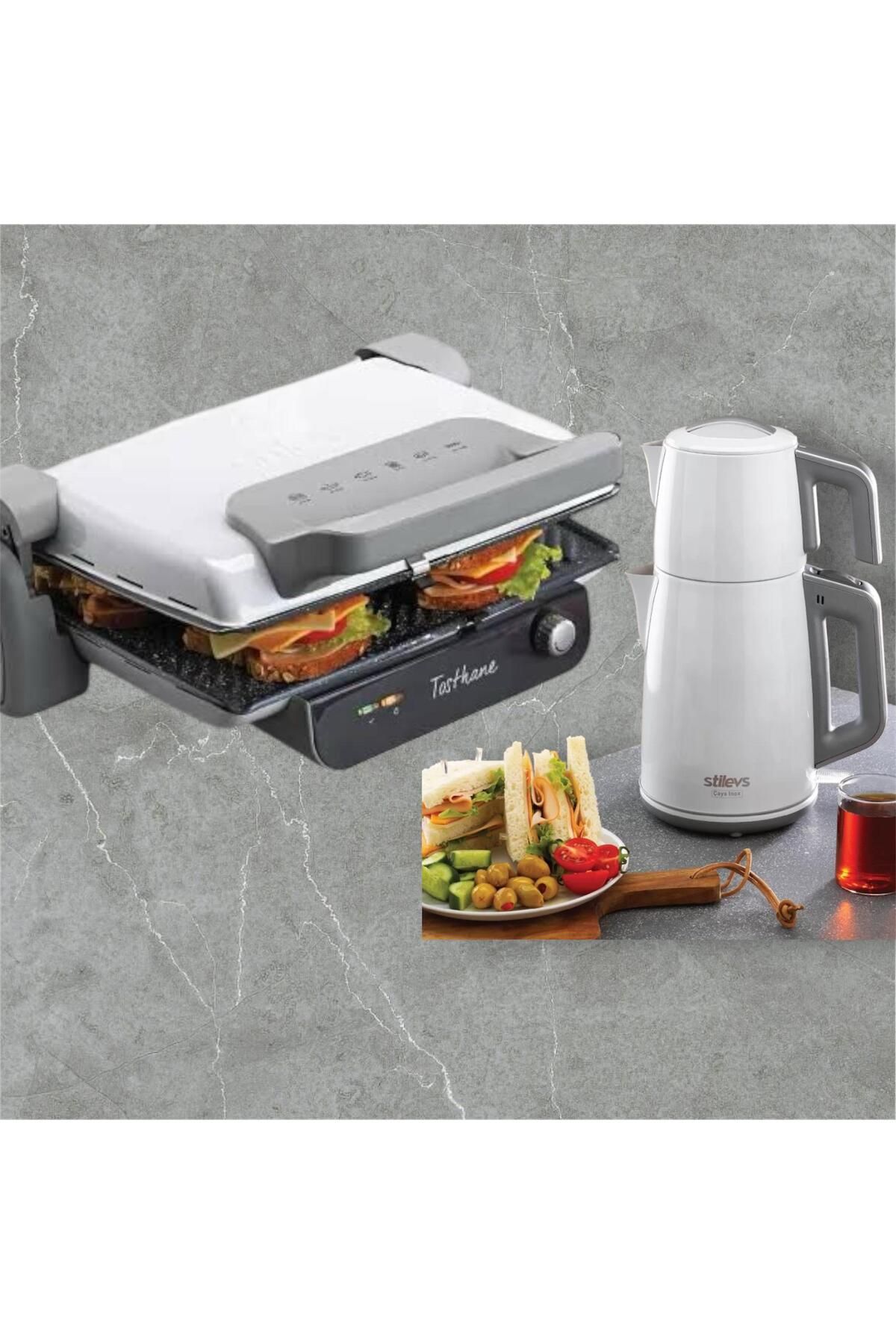 Stile tosthane beyaz renk 6 dilim tost makinesi+çays beyaz inox 2'li elektronik çeyiz