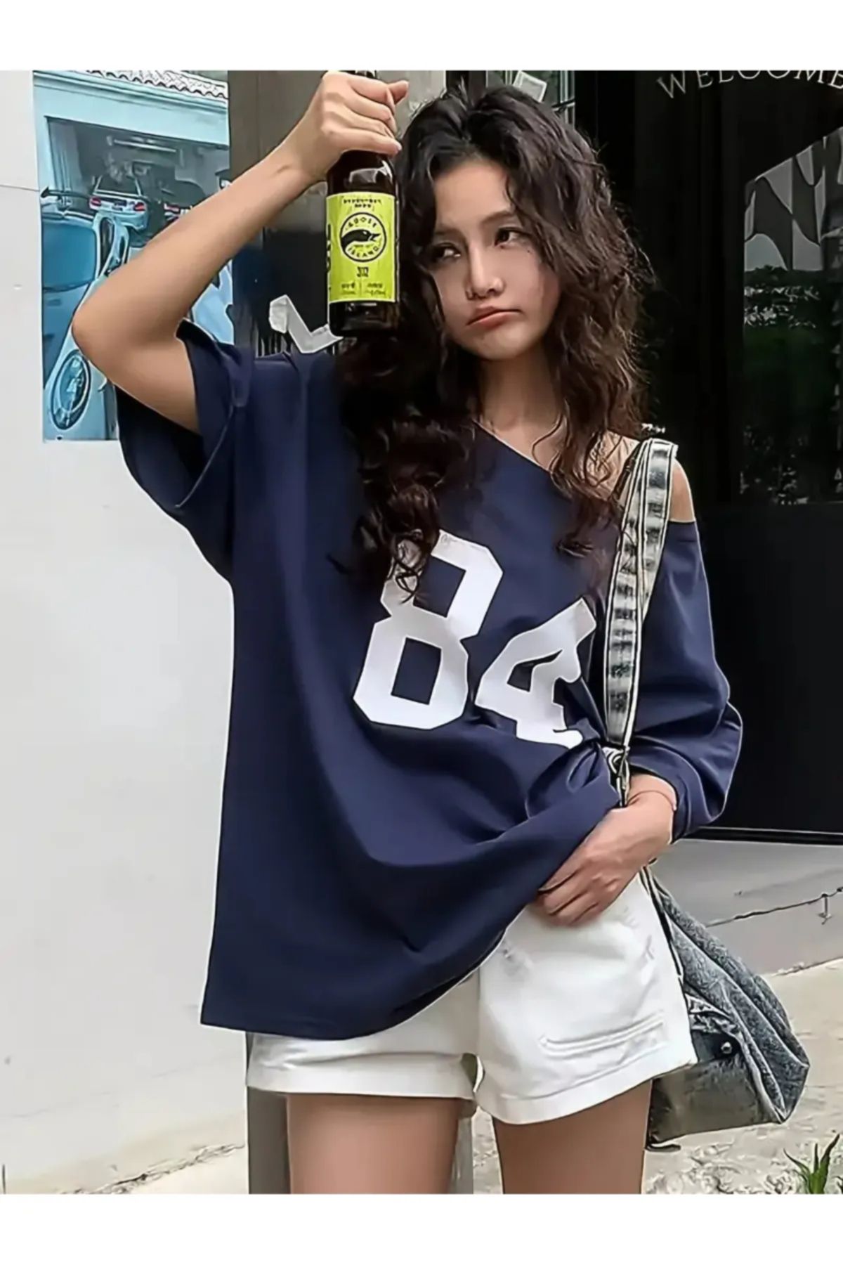 Koklonmoda Kadın Düşük Omuz Kayık Yaka Baskılı T-Shirt