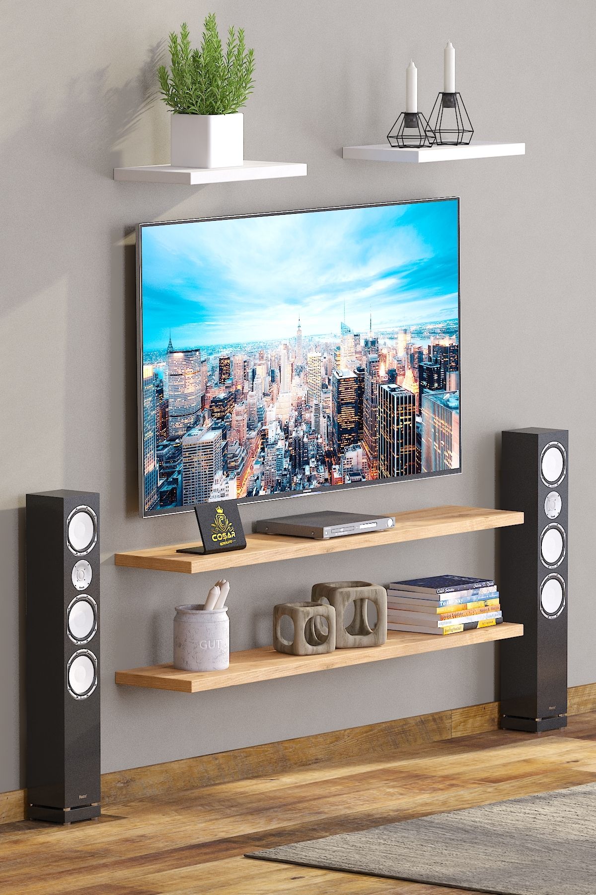 Cosargroup 4lü İskandinav Tarzı Bohem Uçan Duvar Rafı Tv Rafı Salon Dekorasyonu 4'lü Tv Rafı