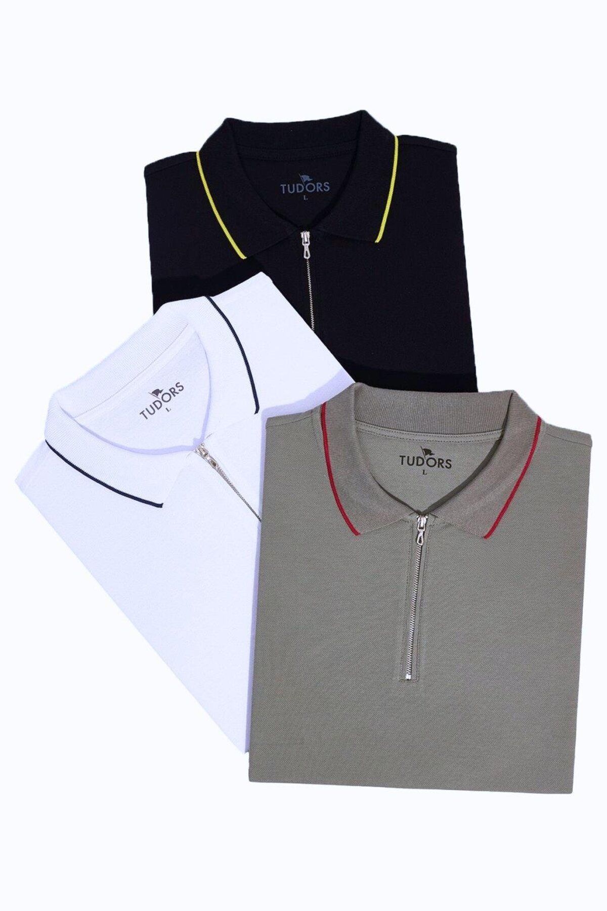 Tudors Erkek 3'lü Paket Lacivert-Gri-Beyaz Slim Fit Dar Kesim Pamuklu Düz Fermuarlı Pike Polo Yaka Tişört