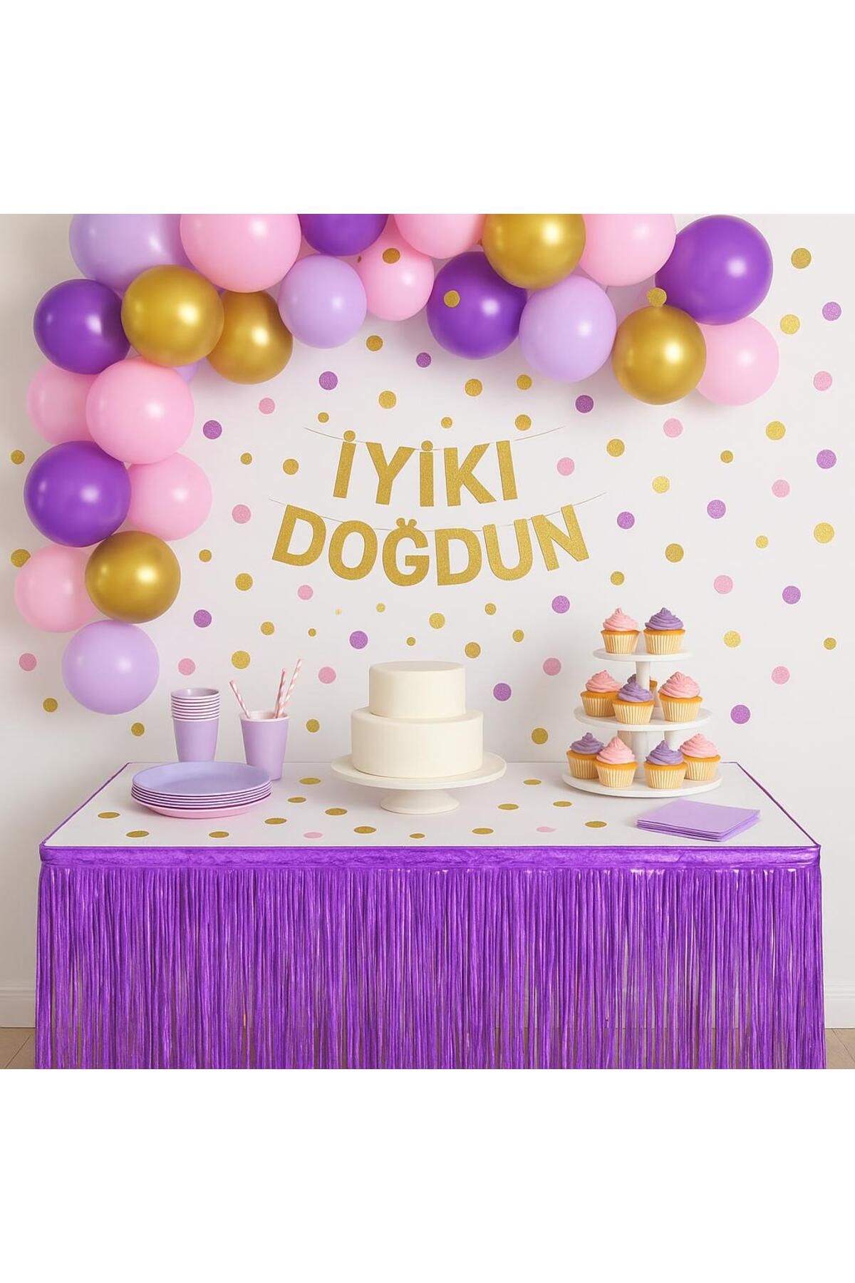 partyrüyası Mor Metalize Folyo Işıltılı Püskül Masa Eteği Kendinden Bantlı 75x360 Cm