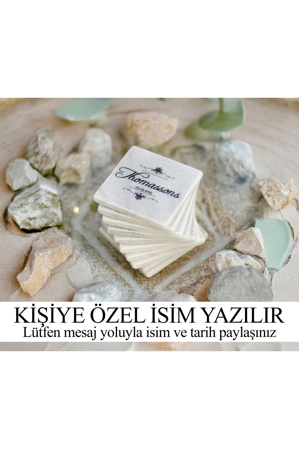 marbelix Kişiselleştirilen 6'lı Set Silva Beyaz Mermer Bardak Altlığı #2 - 10cm - Mesajla İsim Tarih Belirtin