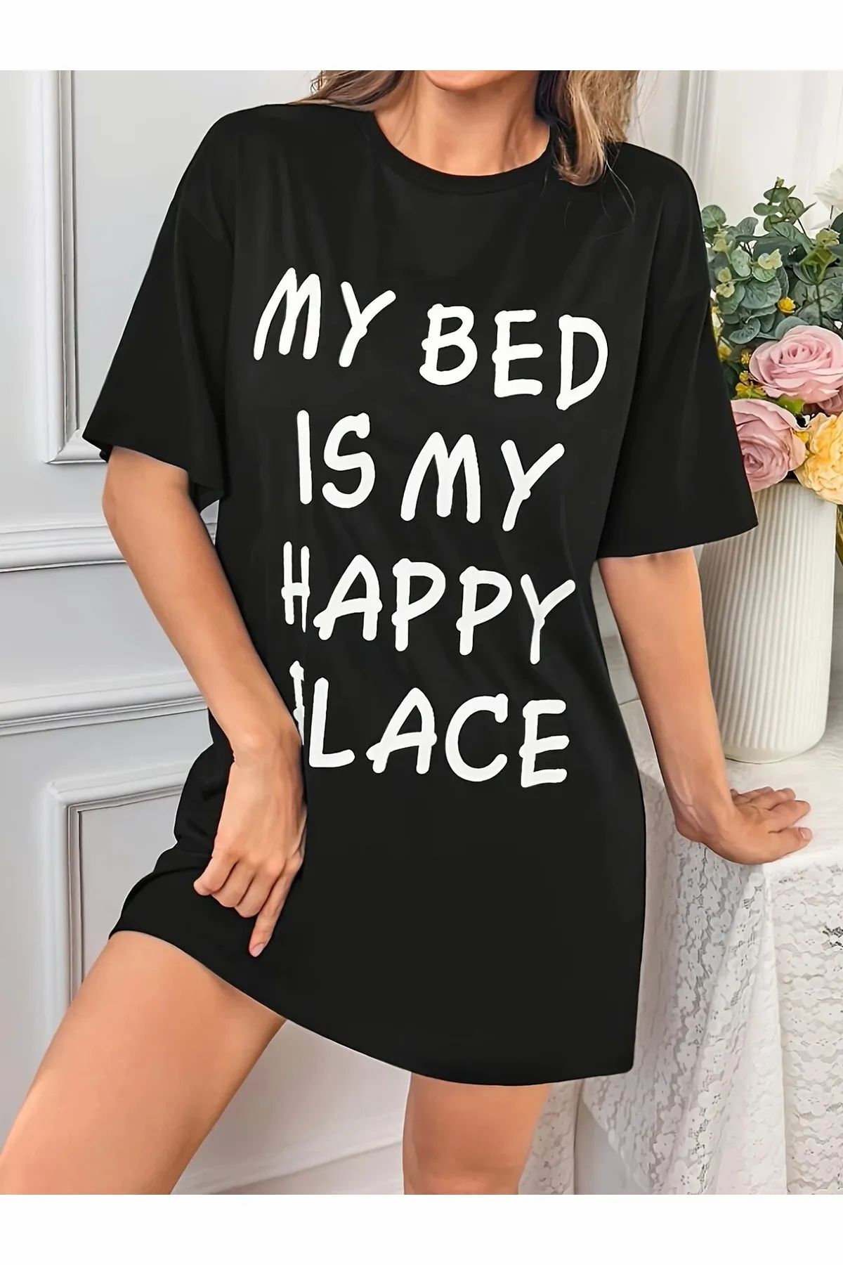 ship master Kadınların Slogan Baskılı Rahat Pijama Elbise, Kısa Kollu Yuvarlak Yaka Tişört Elbise, Rahat Gece