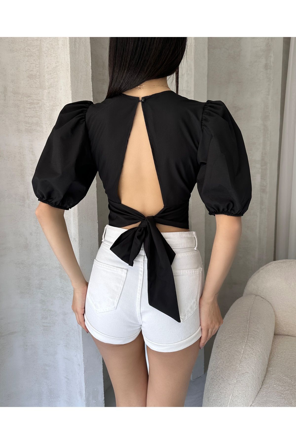 Fav Style Kadın Bisiklet Yaka Kısa Kollu Sırt Dekolteli Crop Poplin Bluz Siyah