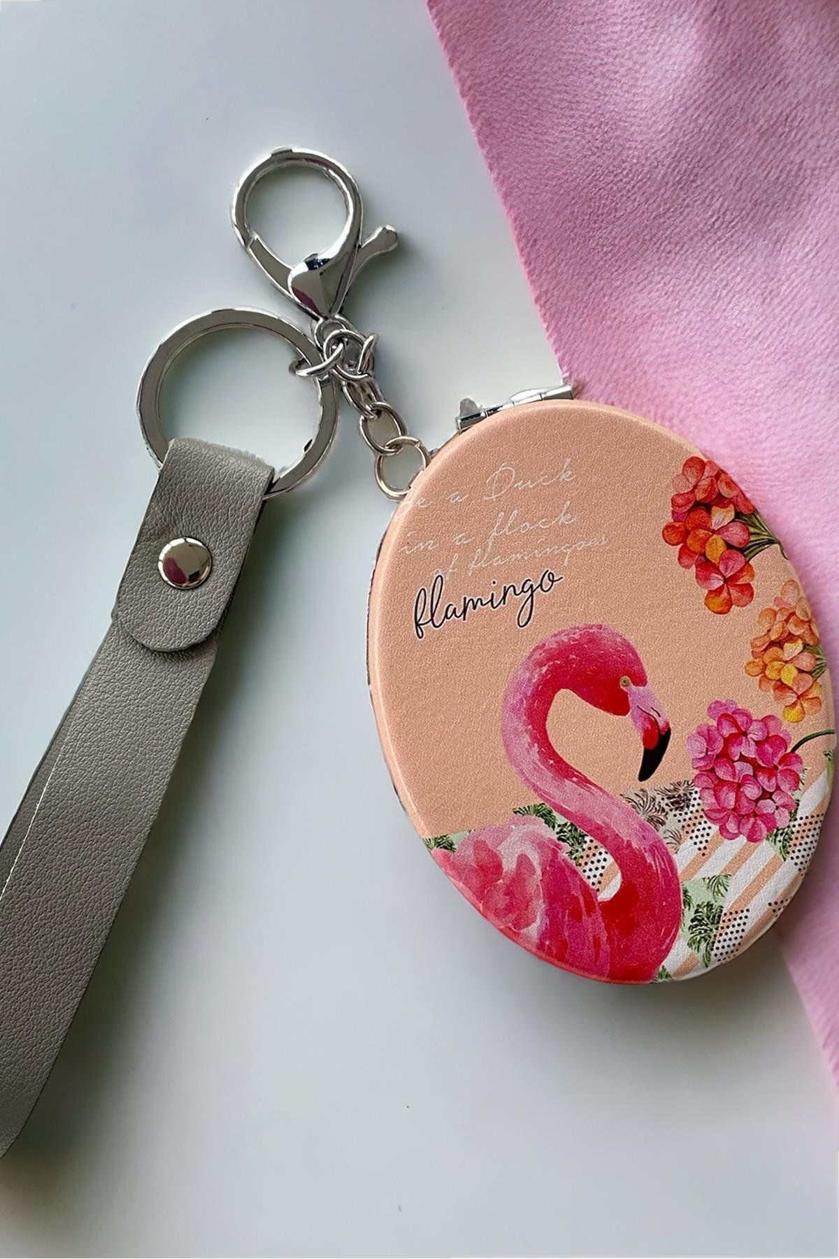 TAKIŞTIR Somon Renk Flamingo Figürlü Cep Aynası/ Anahtarlık
